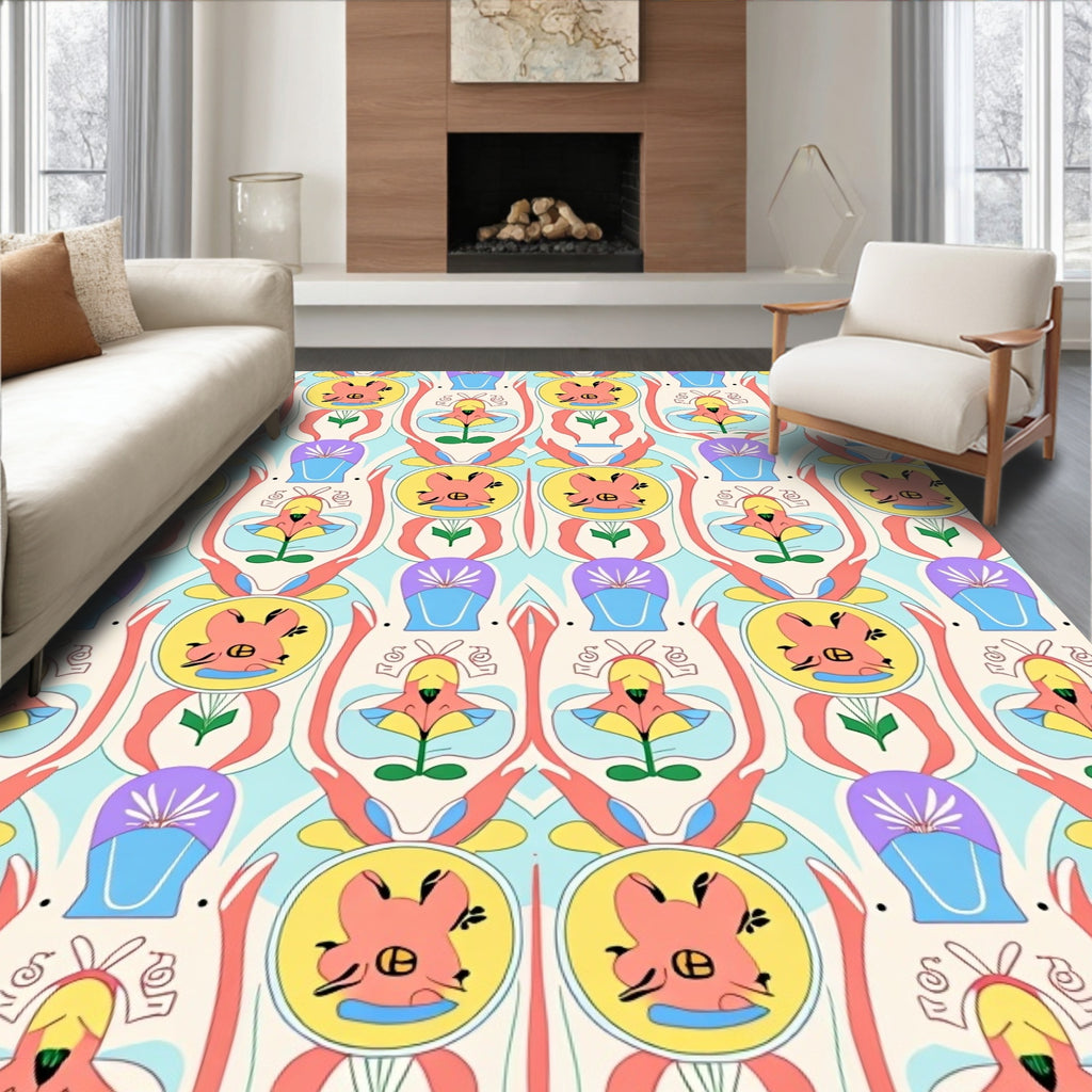 Playful Whimsical Floral Pattern Rug