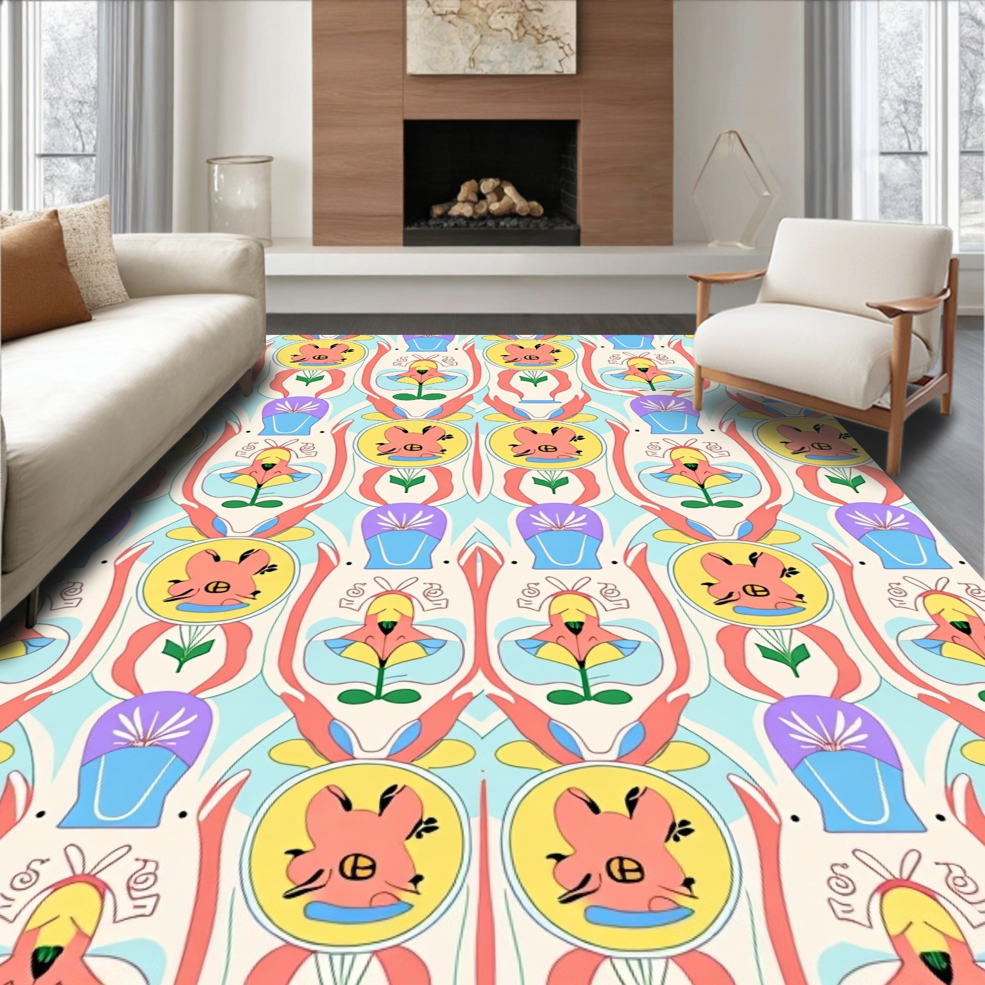 Playful Whimsical Floral Pattern Rug