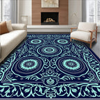 Navy Teal Floral Mandala Composition Rug