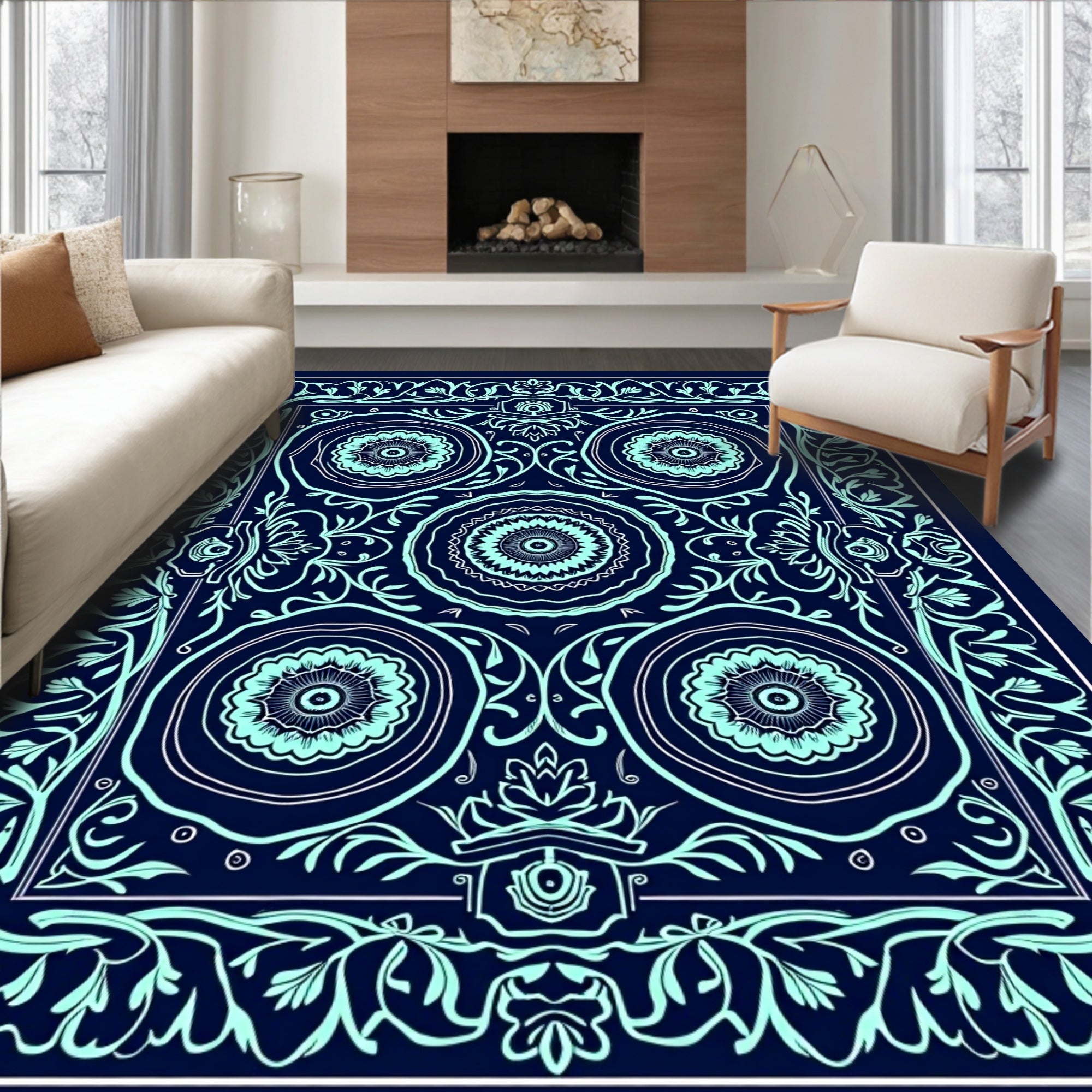 Navy Teal Floral Mandala Composition Rug