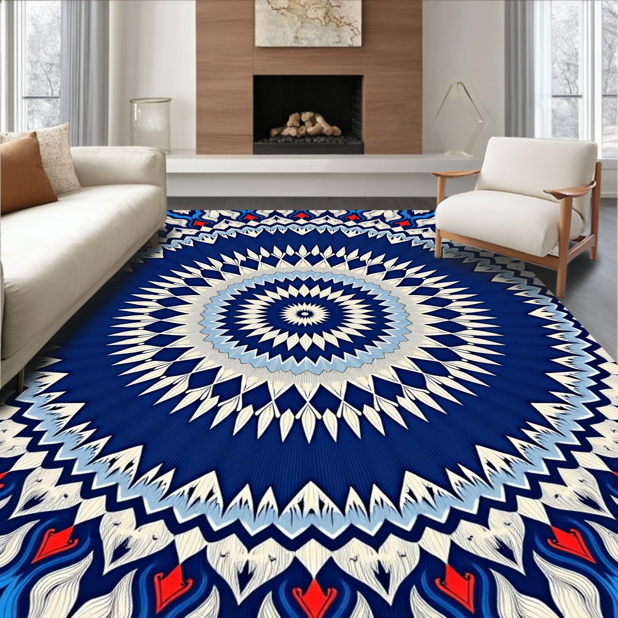 Intricate Blue Floral Mandala Design Rug