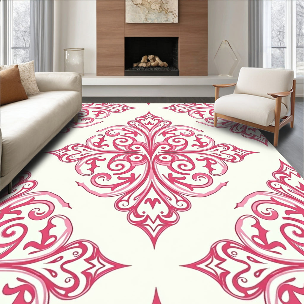 Ornate Pink Floral Scroll Pattern Rug