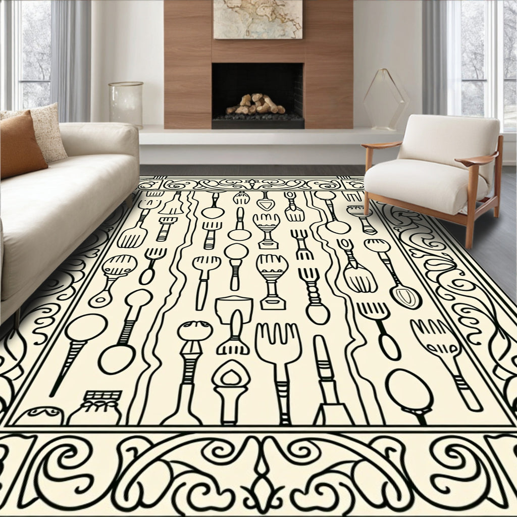 Whimsical Black Utensils Ornate Frame Rug