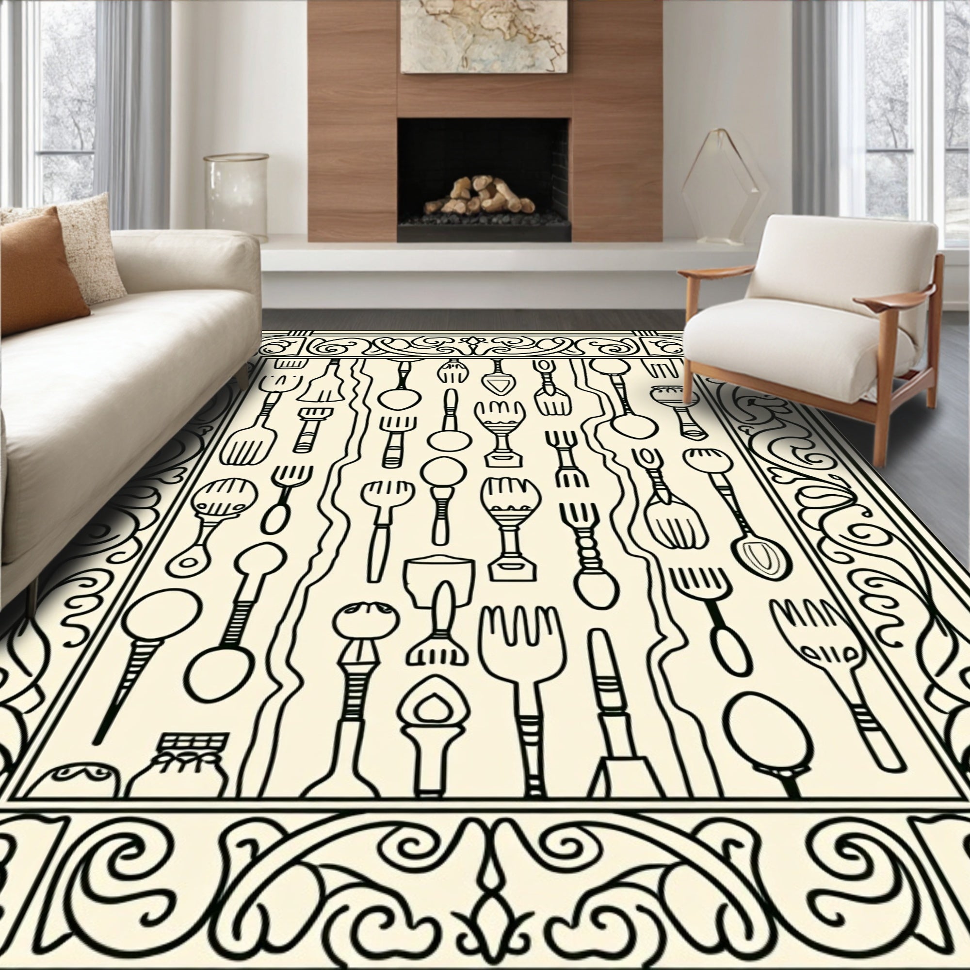 Whimsical Black Utensils Ornate Frame Rug