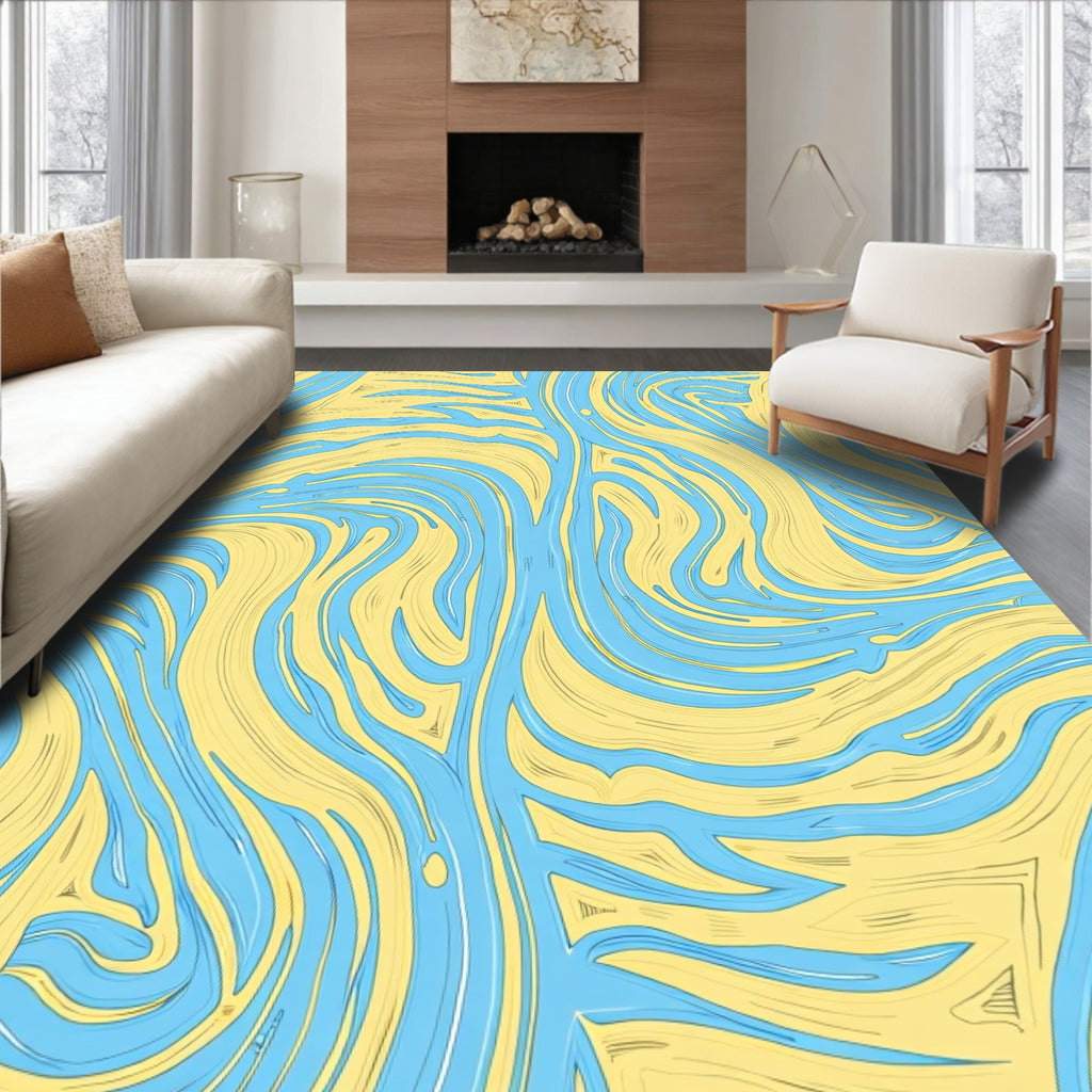 Abstract Swirl Blue Yellow Pattern Rug
