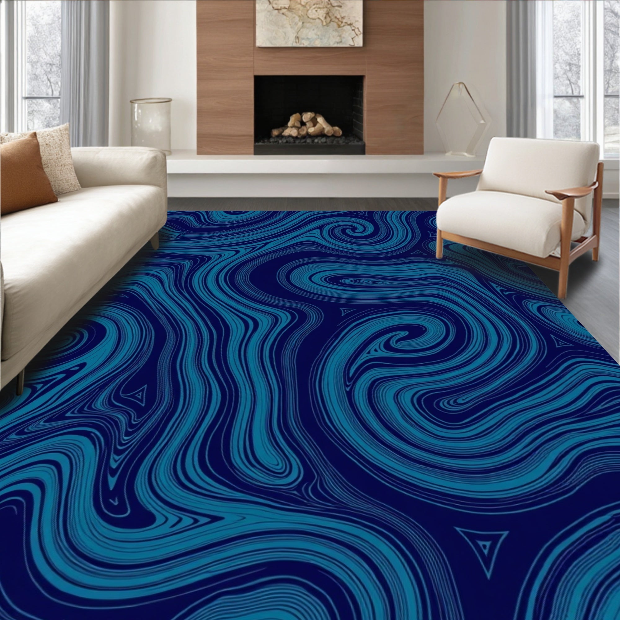 Dark Blue Swirl Abstract Water Pattern Rug