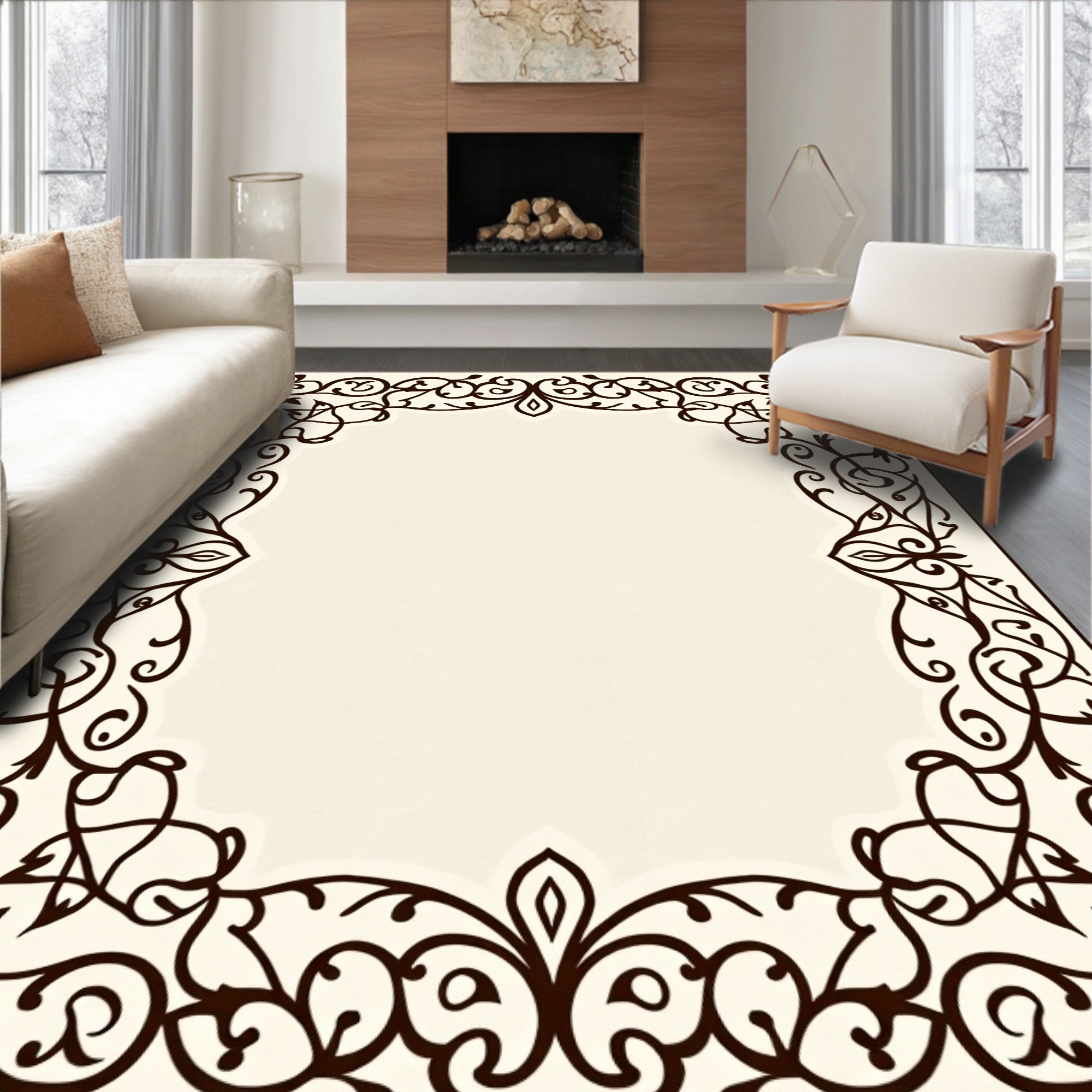 Ornate Scrollwork Leaf Pattern Border Rug