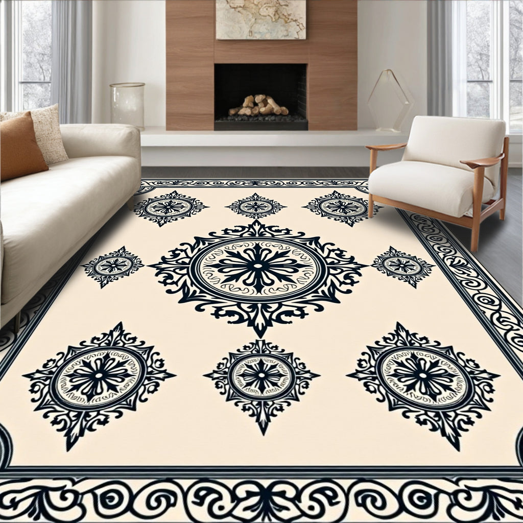Ornate Black Cream Medallion Pattern Rug