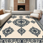 Ornate Black Cream Medallion Pattern Rug