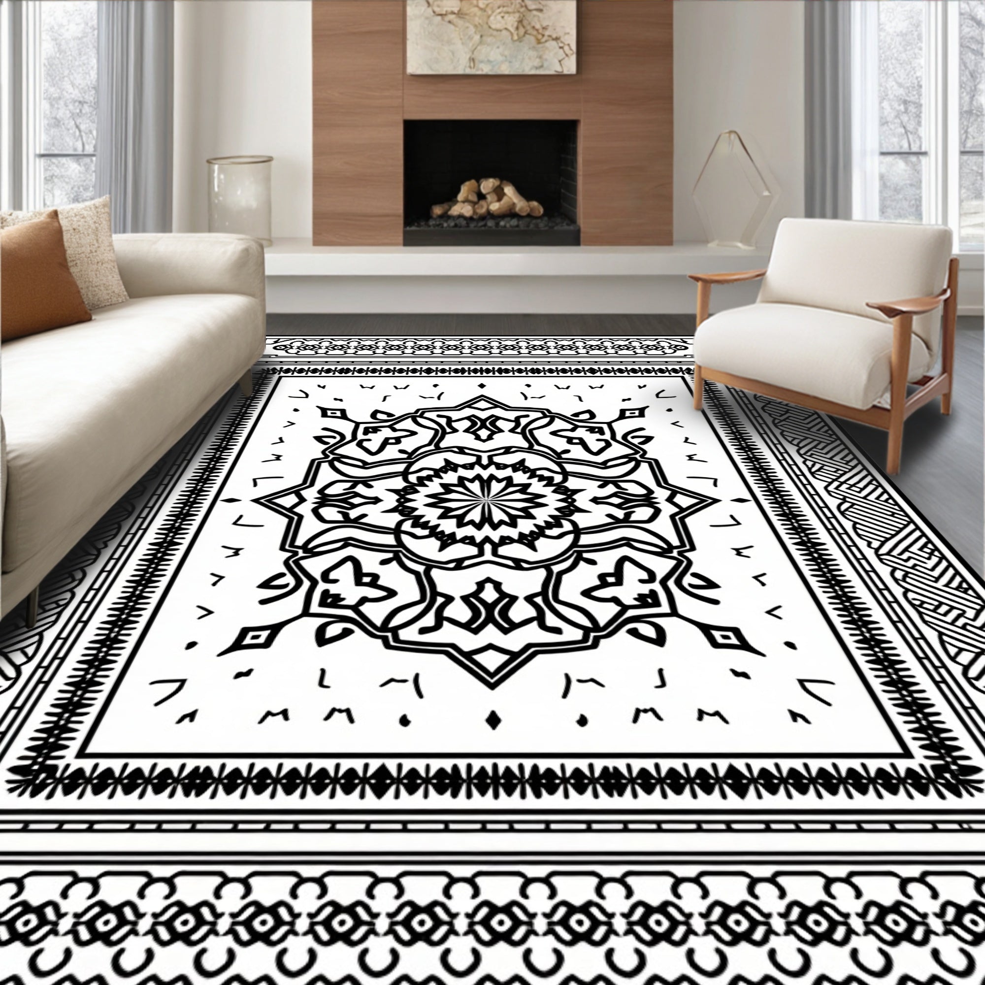 Black White Ornate Mandala Pattern Rug