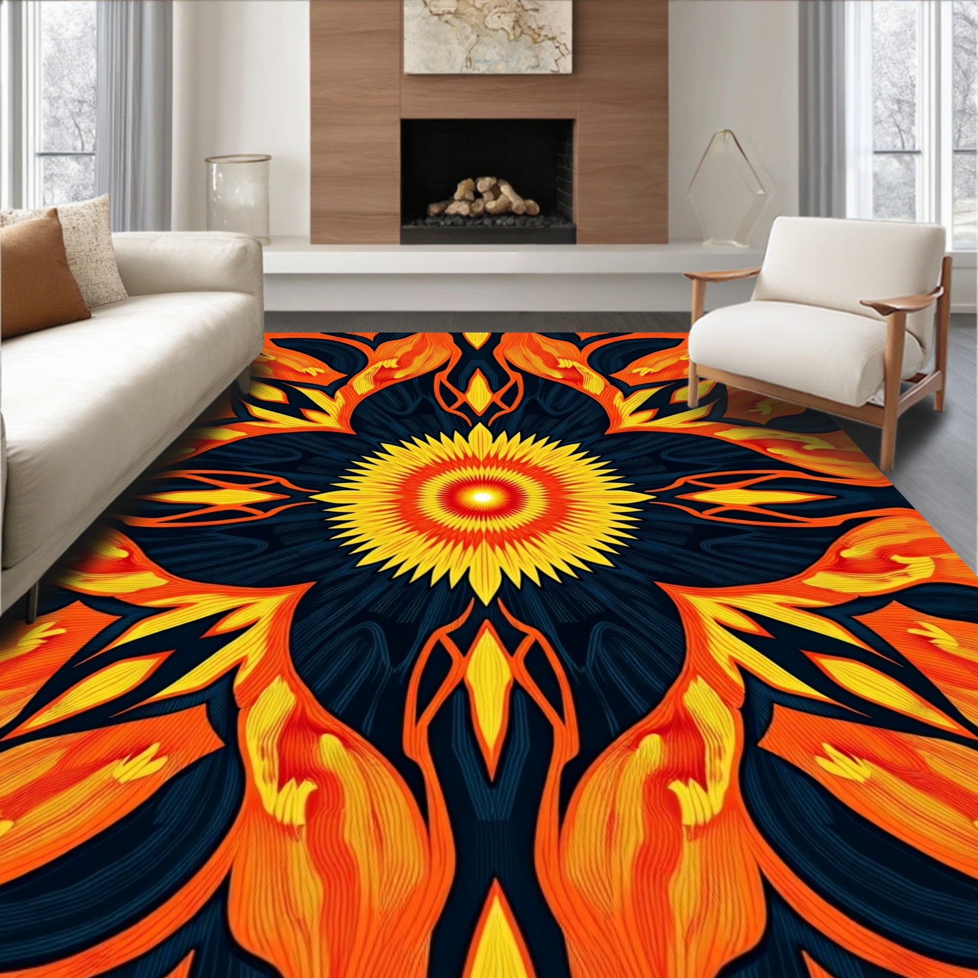 Symmetrical Sunburst Floral Pattern Rug