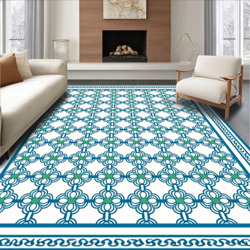 Classic Geometric Blue and Green Pattern Rug