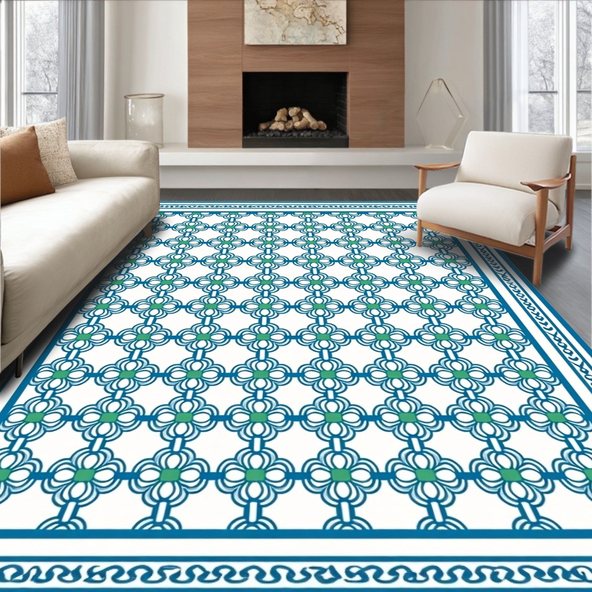 Classic Geometric Blue and Green Pattern Rug