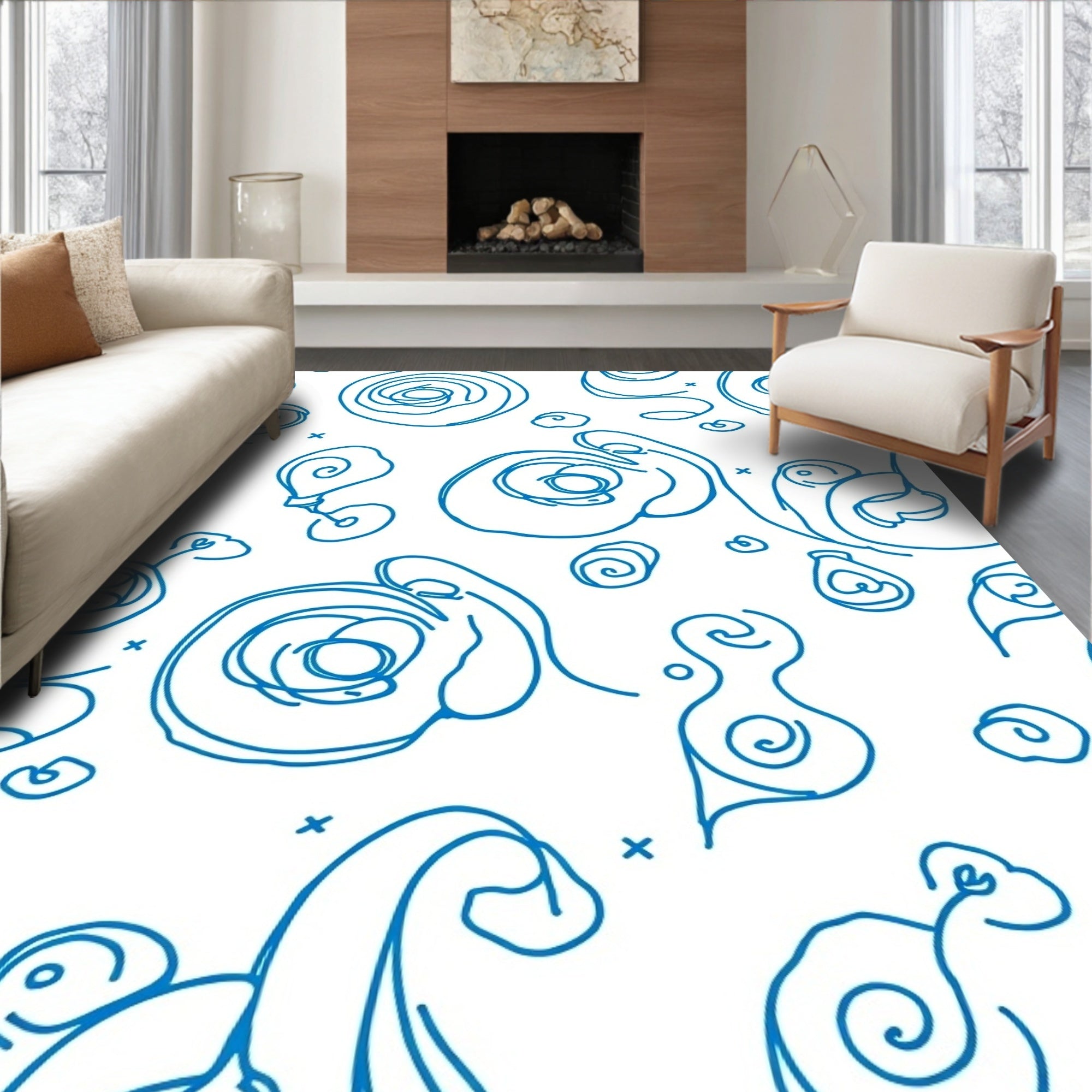 Abstract Blue Swirls Dots Pattern Rug