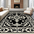 Ornate Black Cream Floral Medallion Design Rug