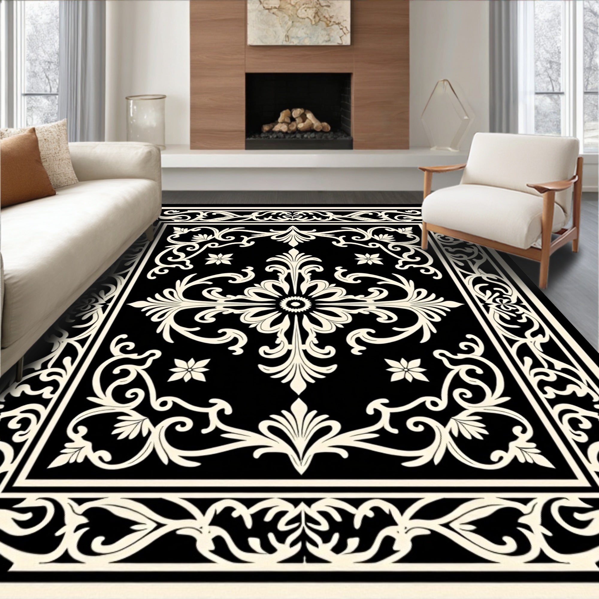 Ornate Black Cream Floral Medallion Design Rug