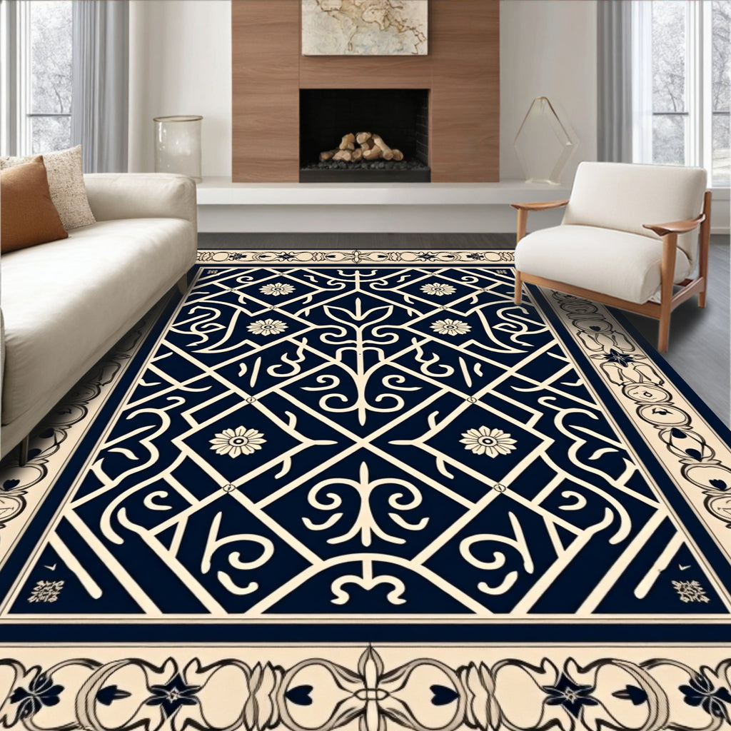 Ornate Geometric Floral Cream Navy Rug