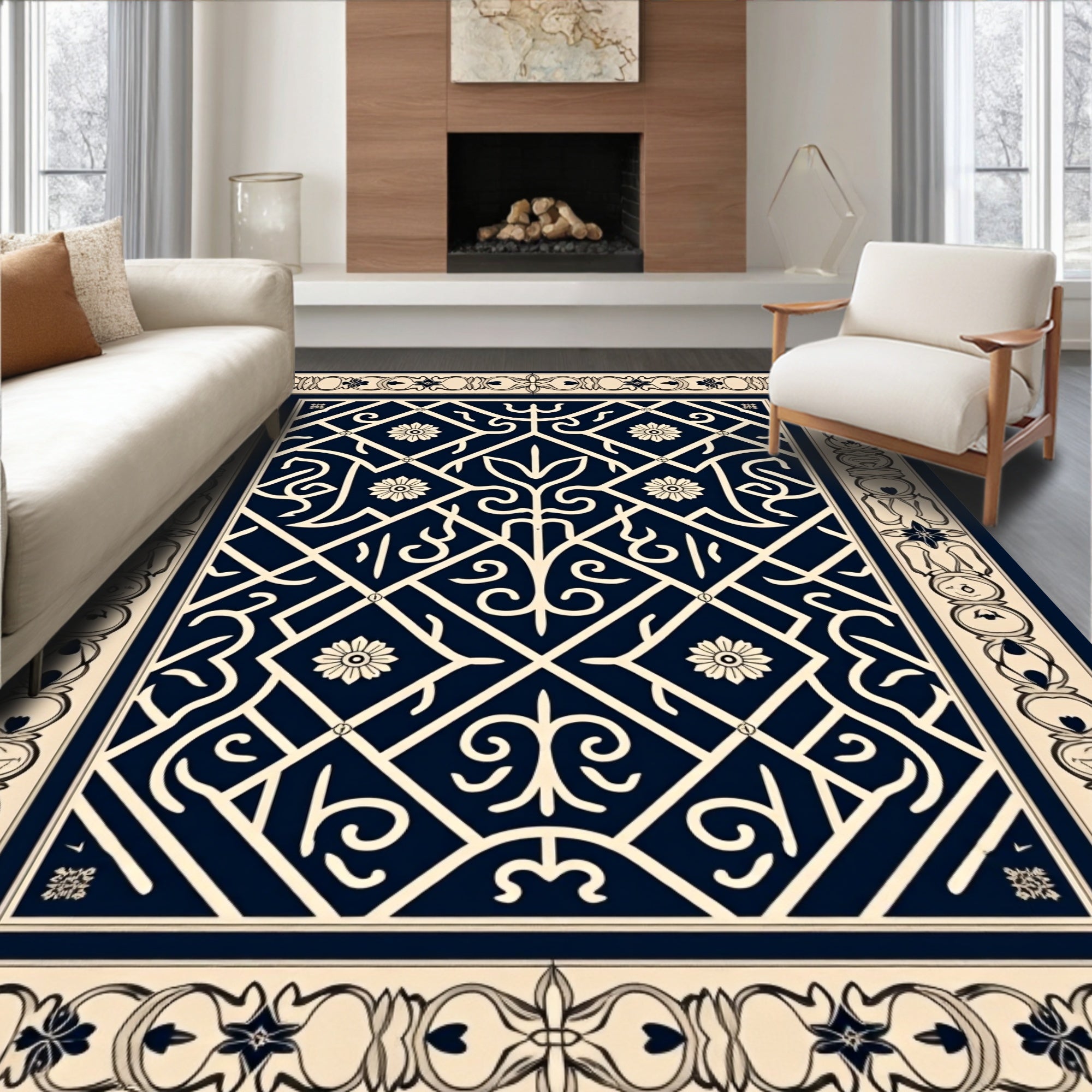 Ornate Geometric Floral Cream Navy Rug