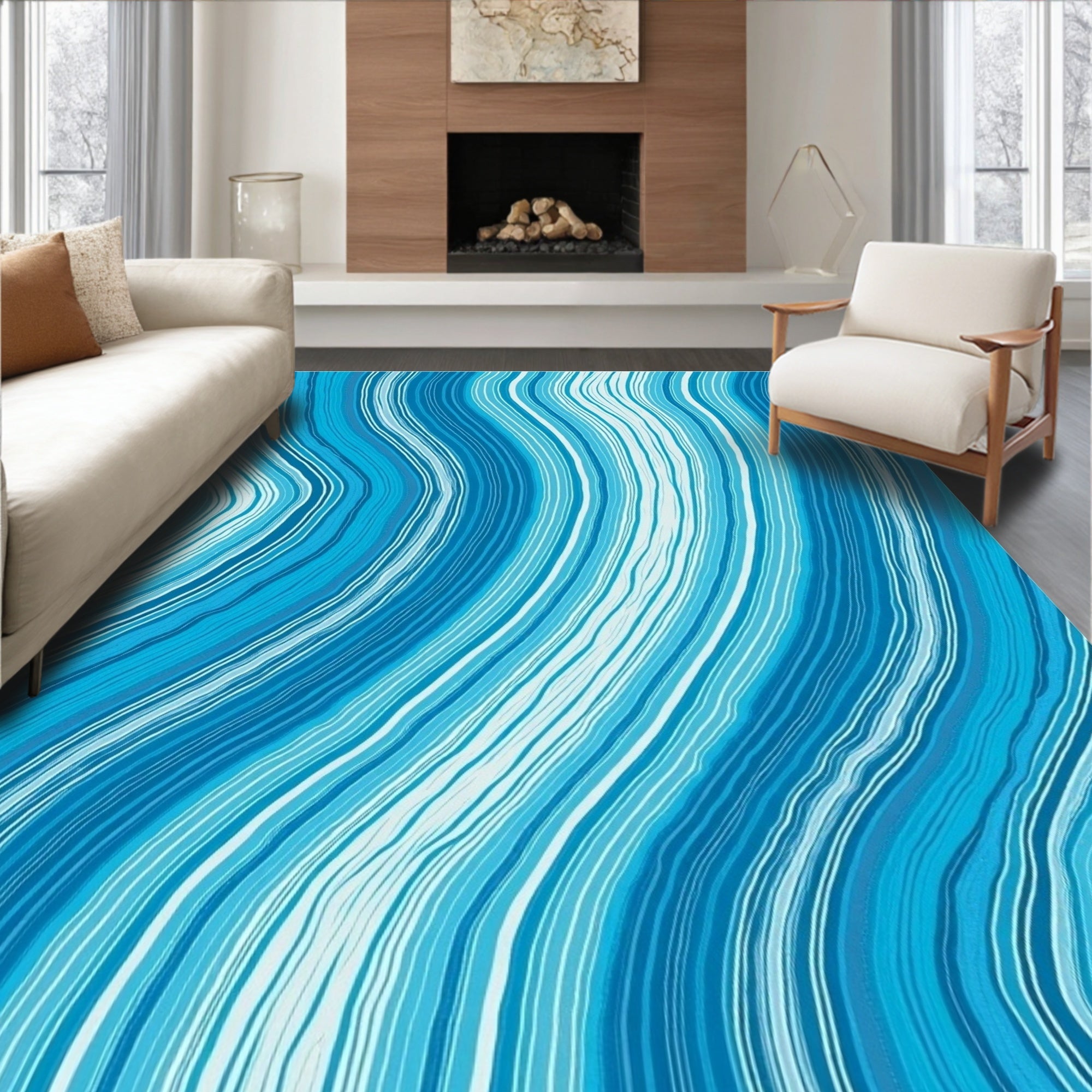 Modern Blue Wave Pattern Design Rug