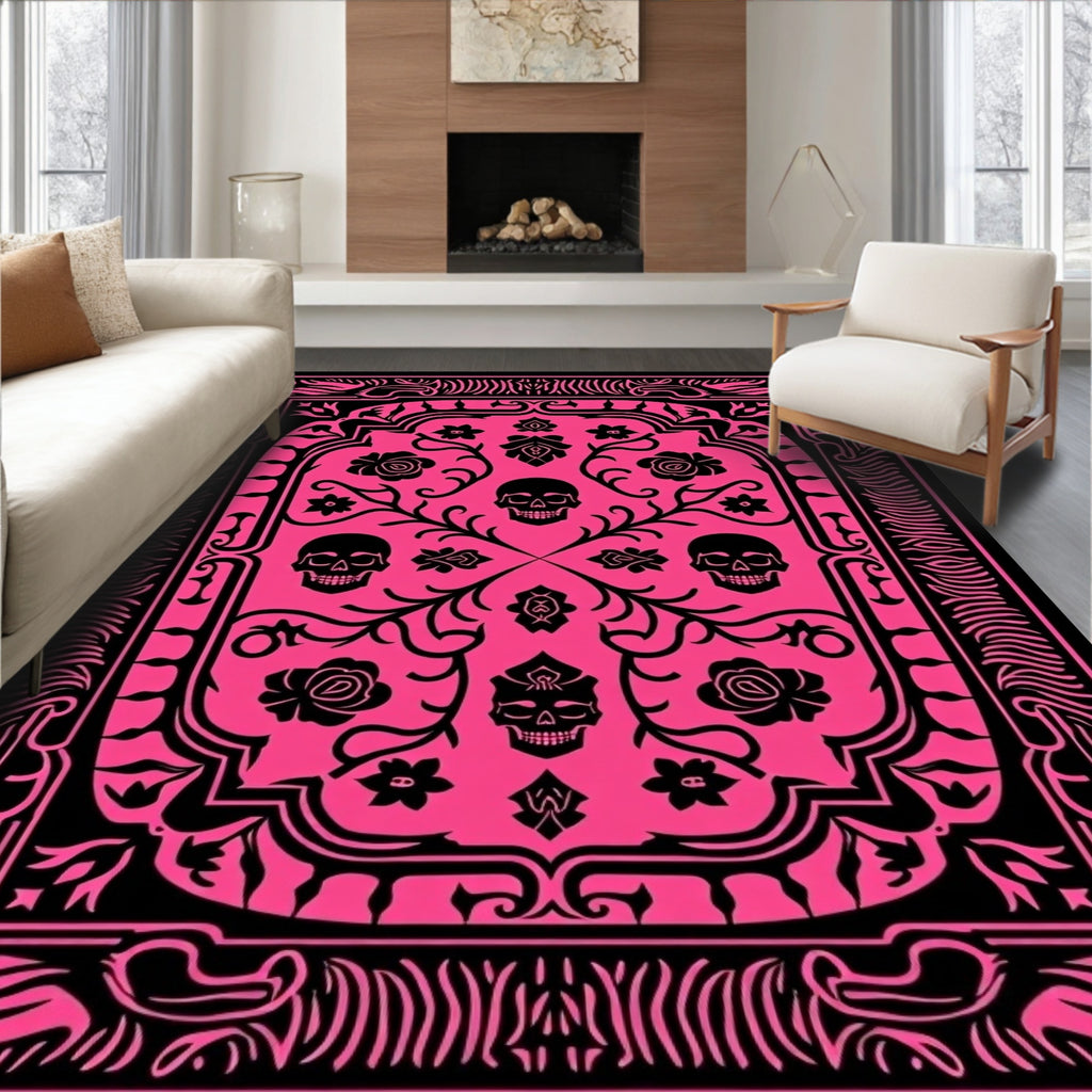 Hot Pink Skull Floral Medallion Rug
