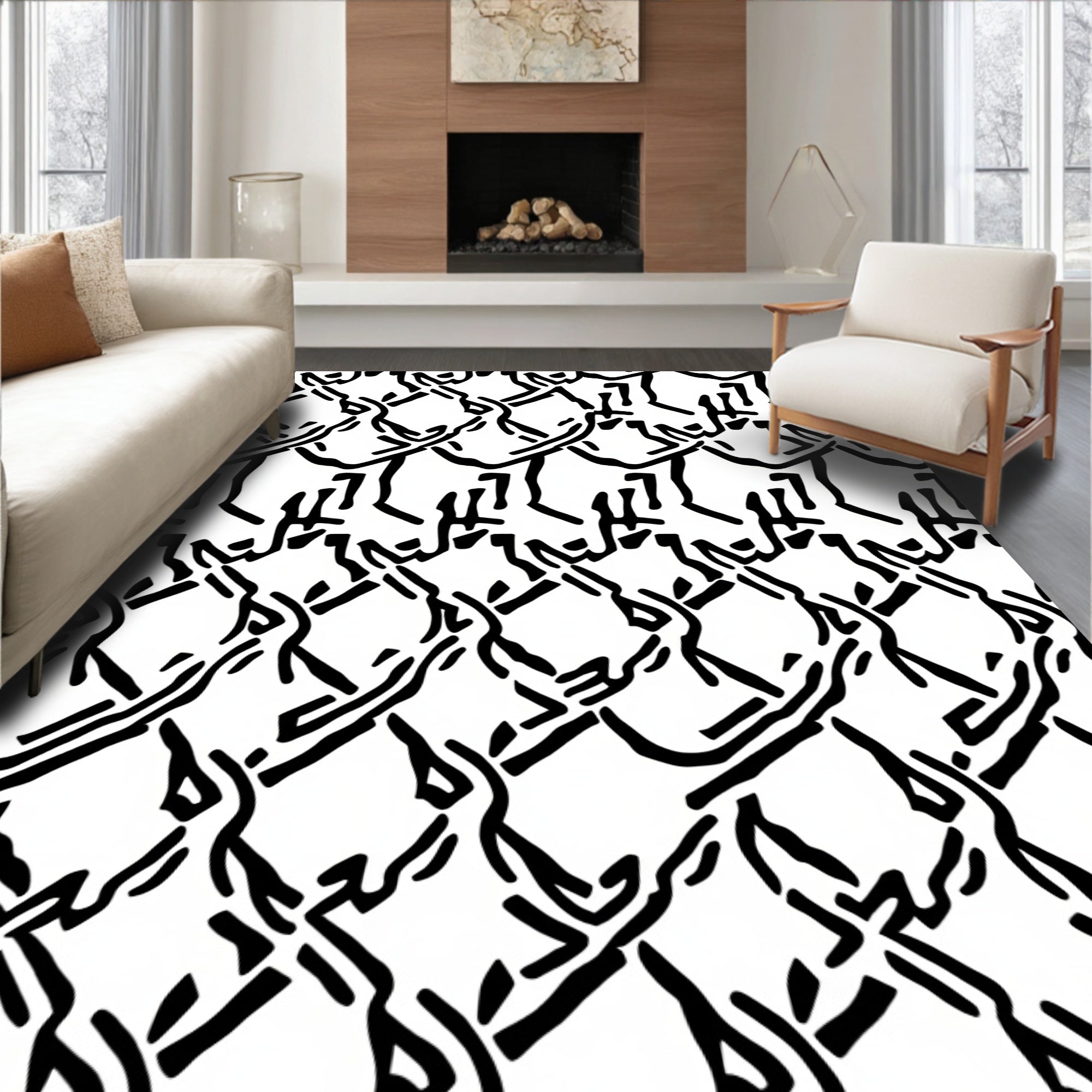 Black White Dynamic Interlocking Pattern Rug