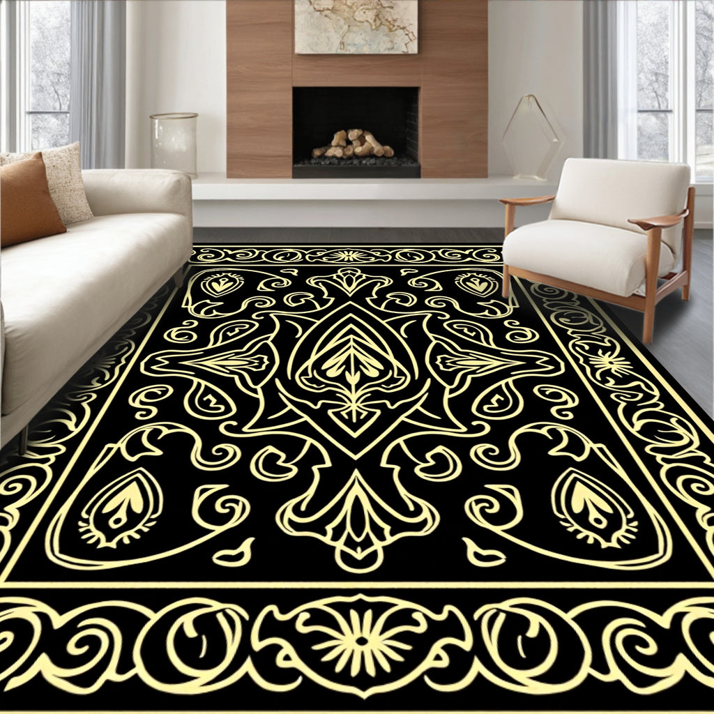 Elegant Black Gold Floral Pattern Rug