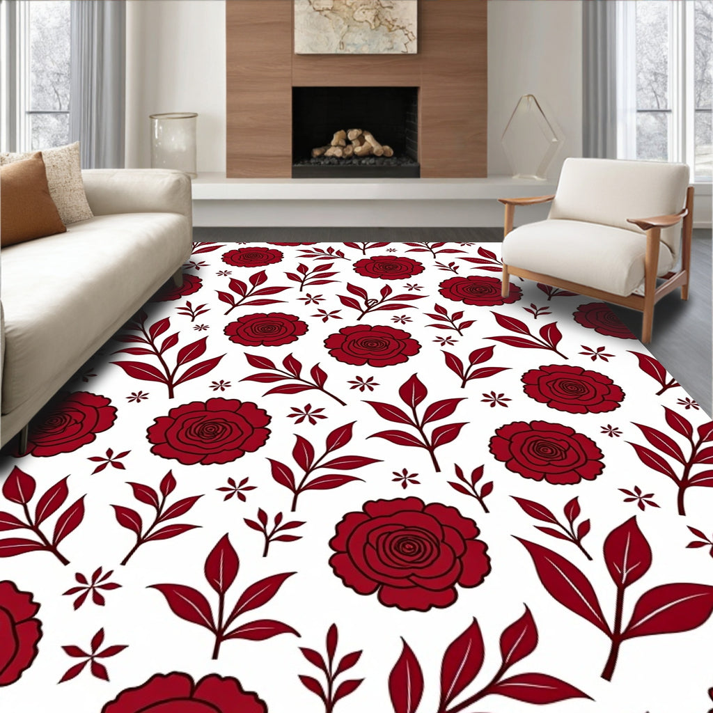 Deep Red Rose Leaf Pattern Rug