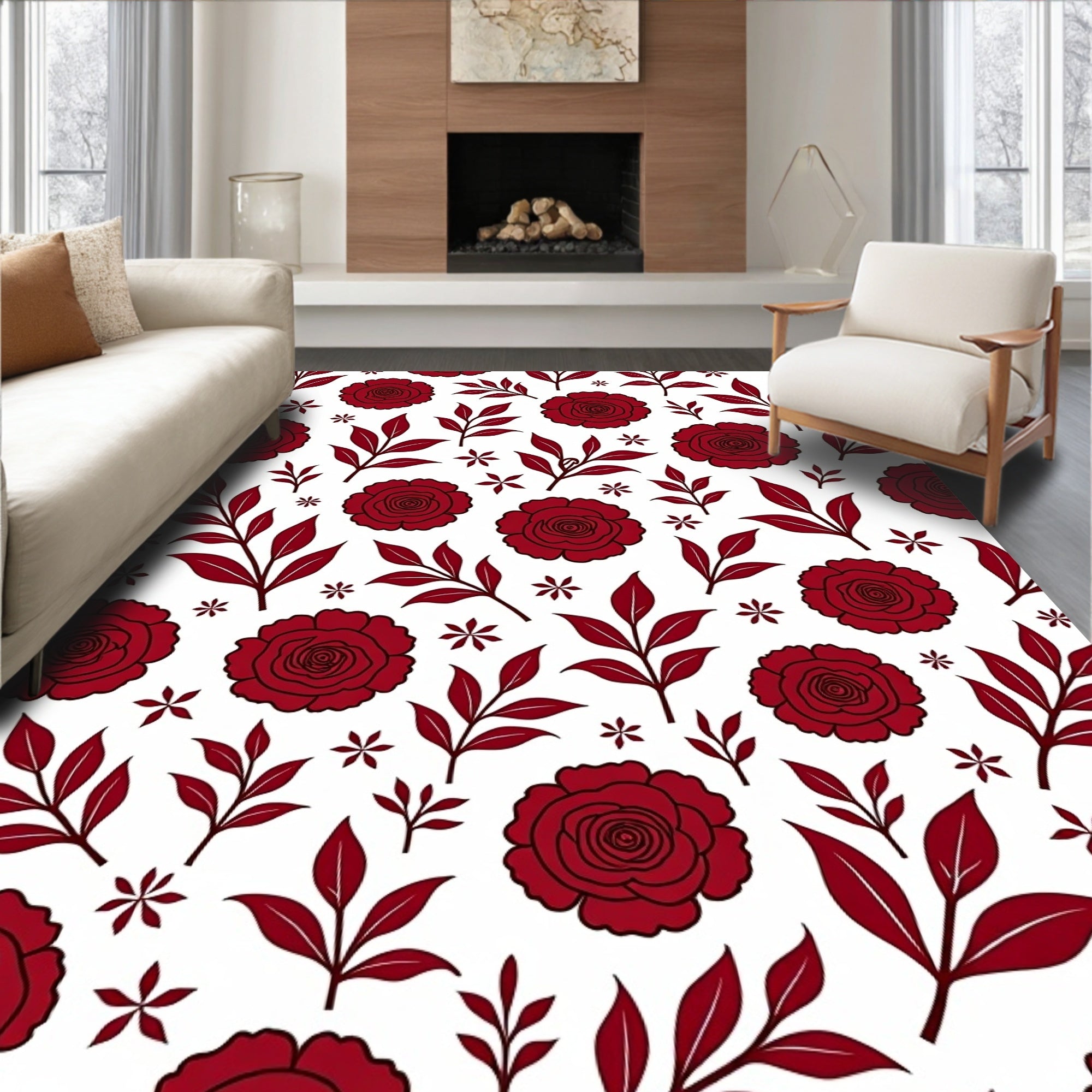 Deep Red Rose Leaf Pattern Rug