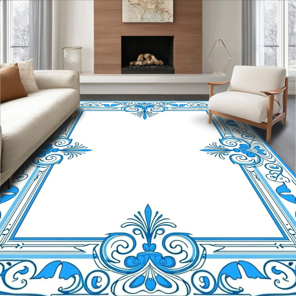 Ornate Blue Floral Scroll Border Rug