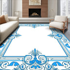 Ornate Blue Floral Scroll Border Rug