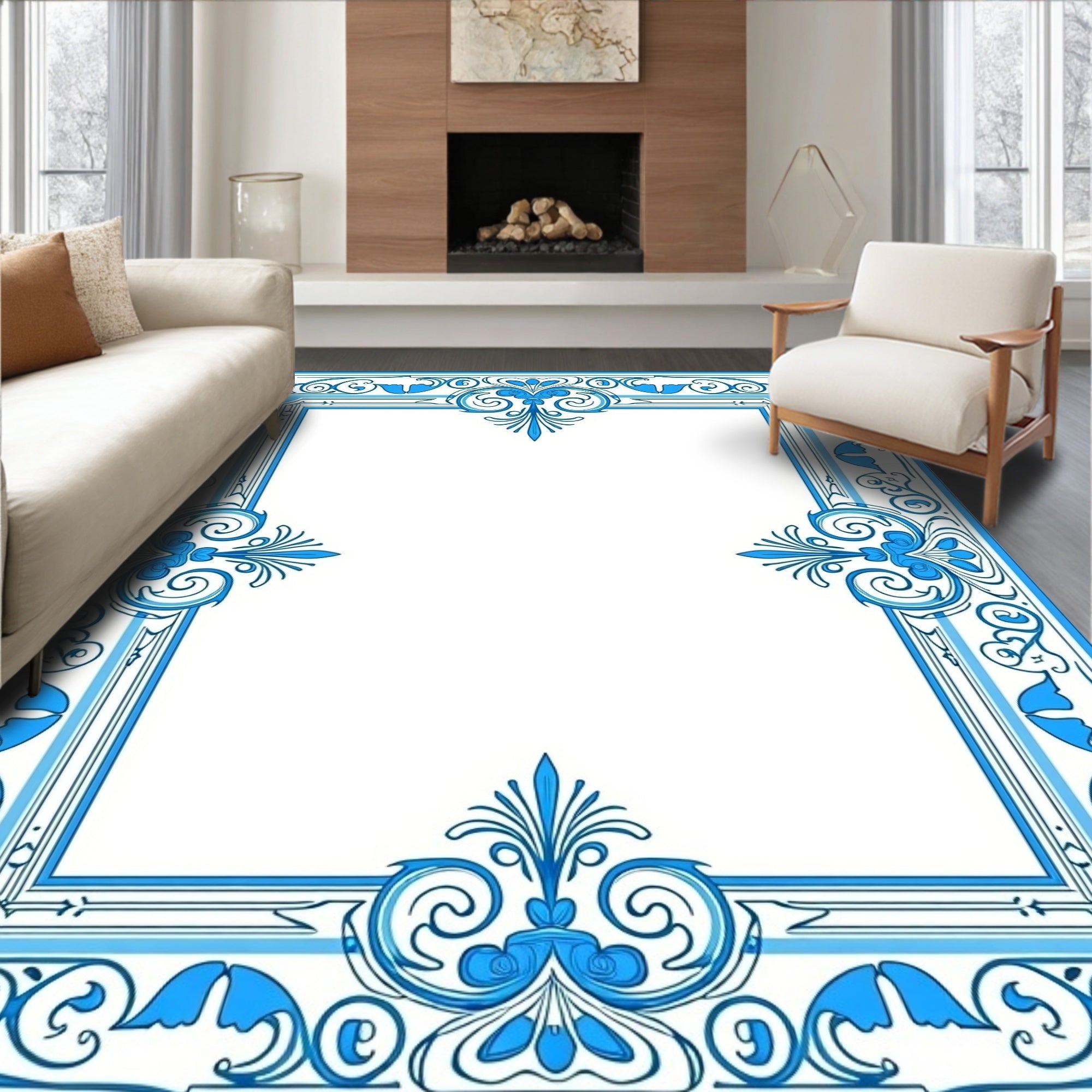 Ornate Blue Floral Scroll Border Rug