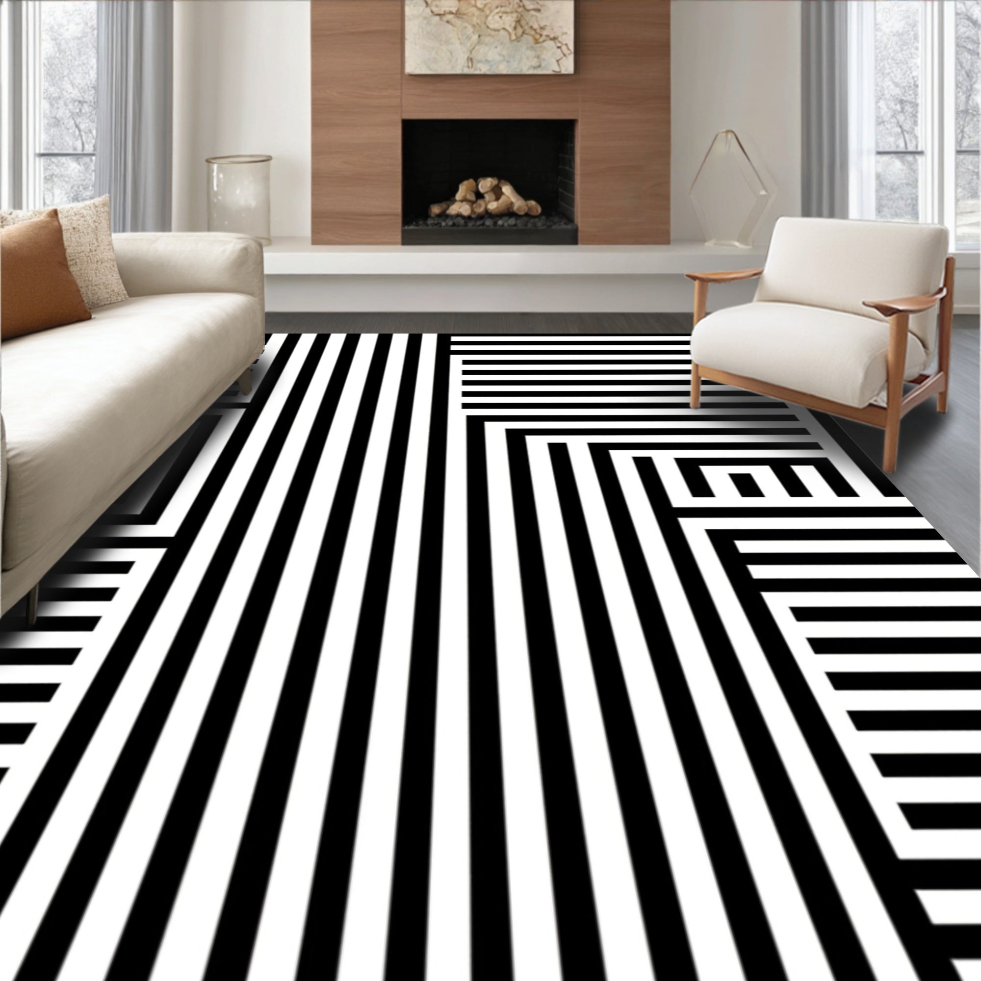 Bold Black White Geometric Stripe Rug