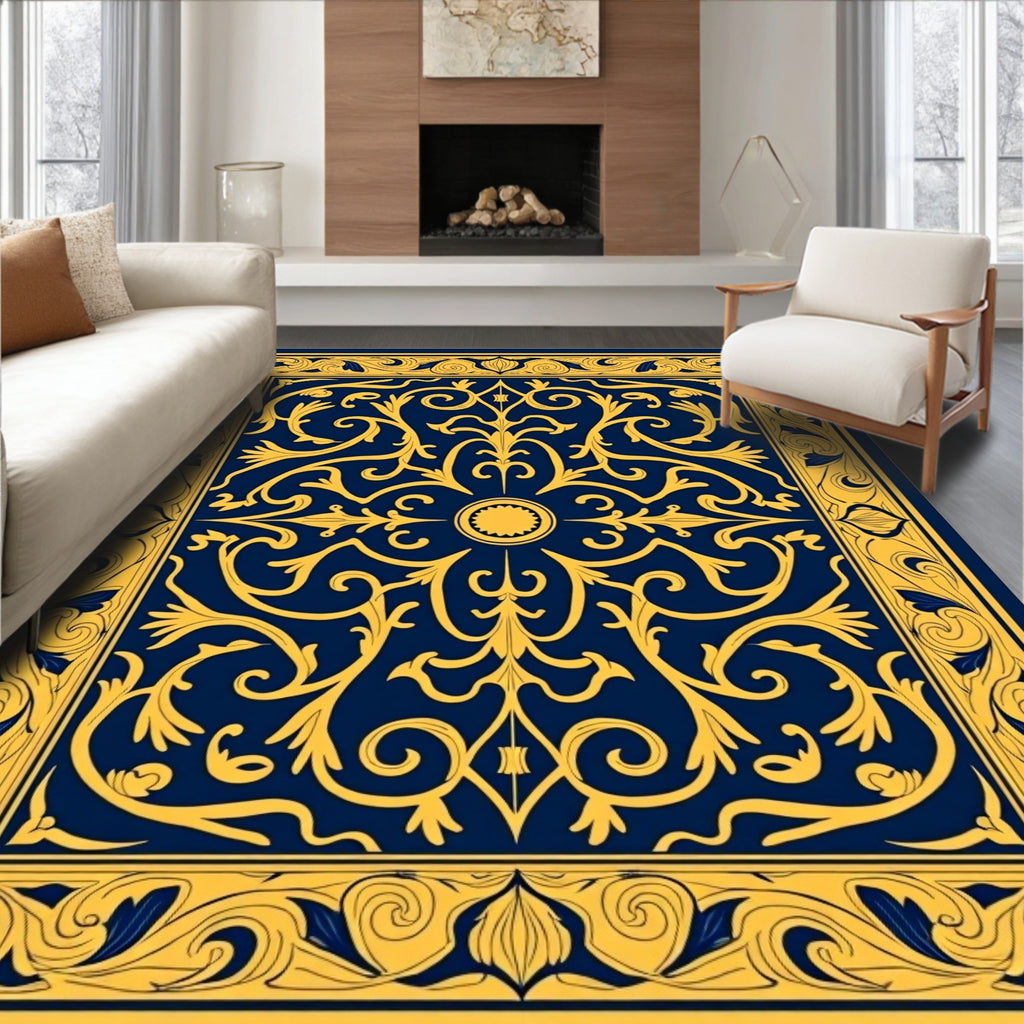 Royal Blue Gold Ornate Flourish Rug