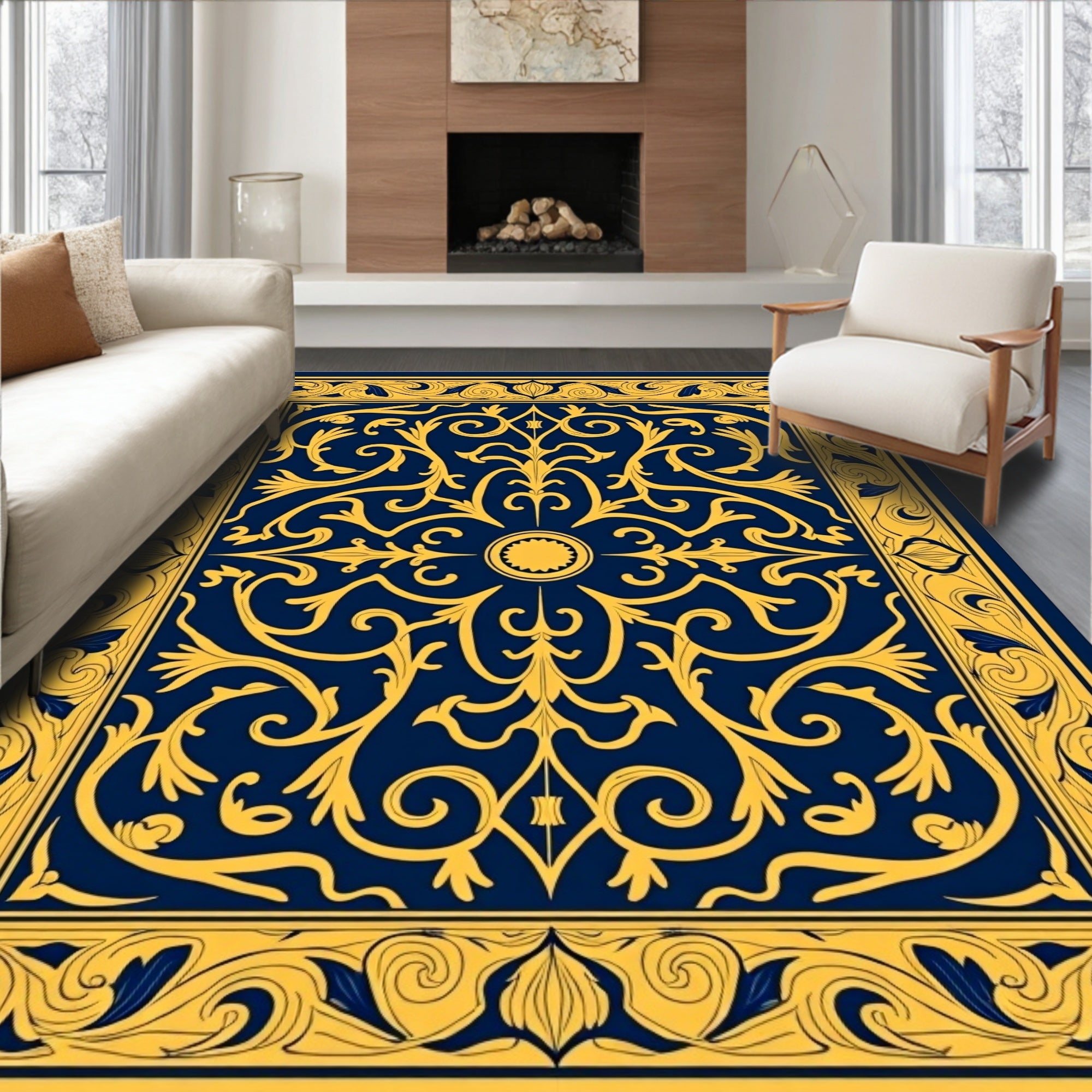Royal Blue Gold Ornate Flourish Rug