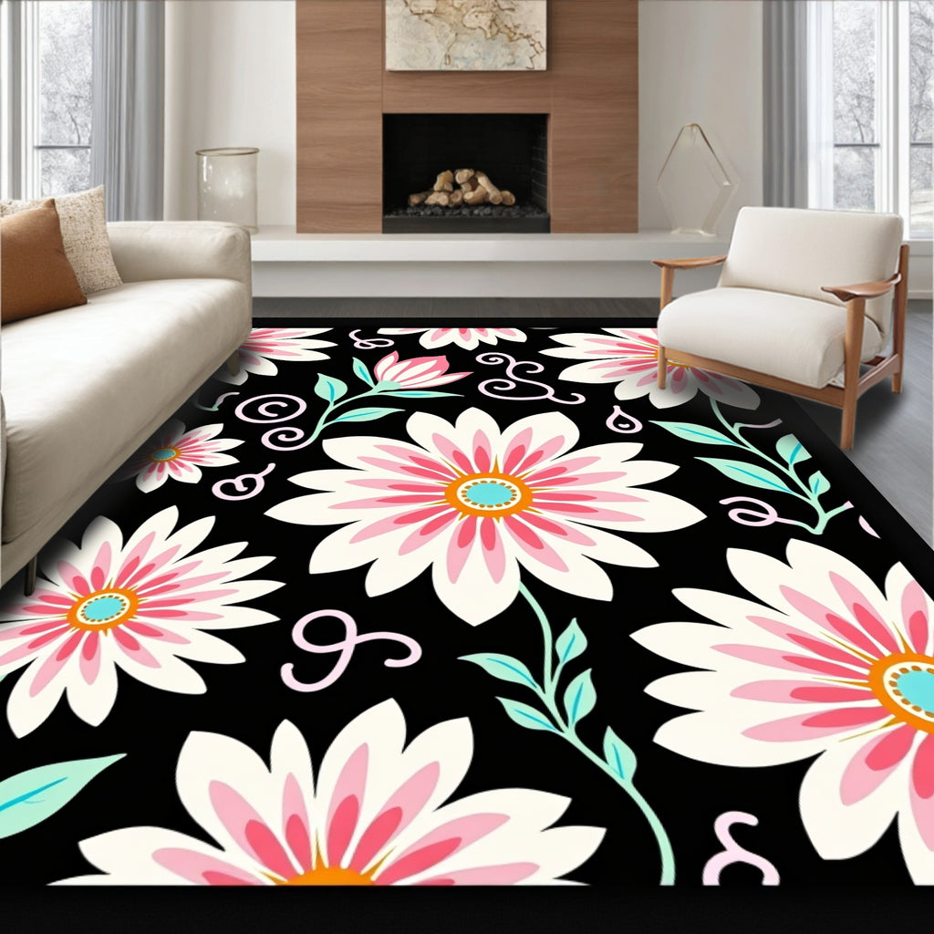 Bold Floral Pattern on Black Background Rug
