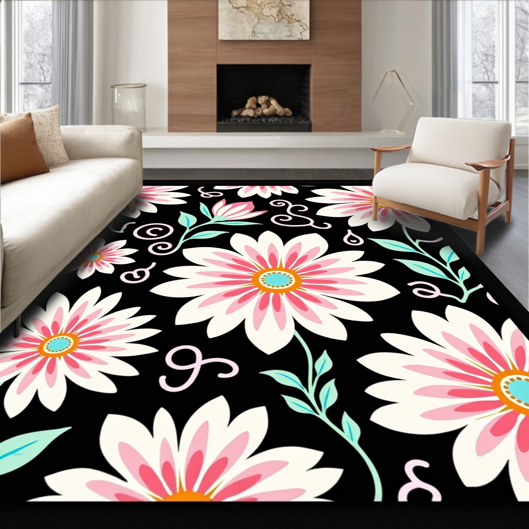 Bold Floral Pattern on Black Background Rug