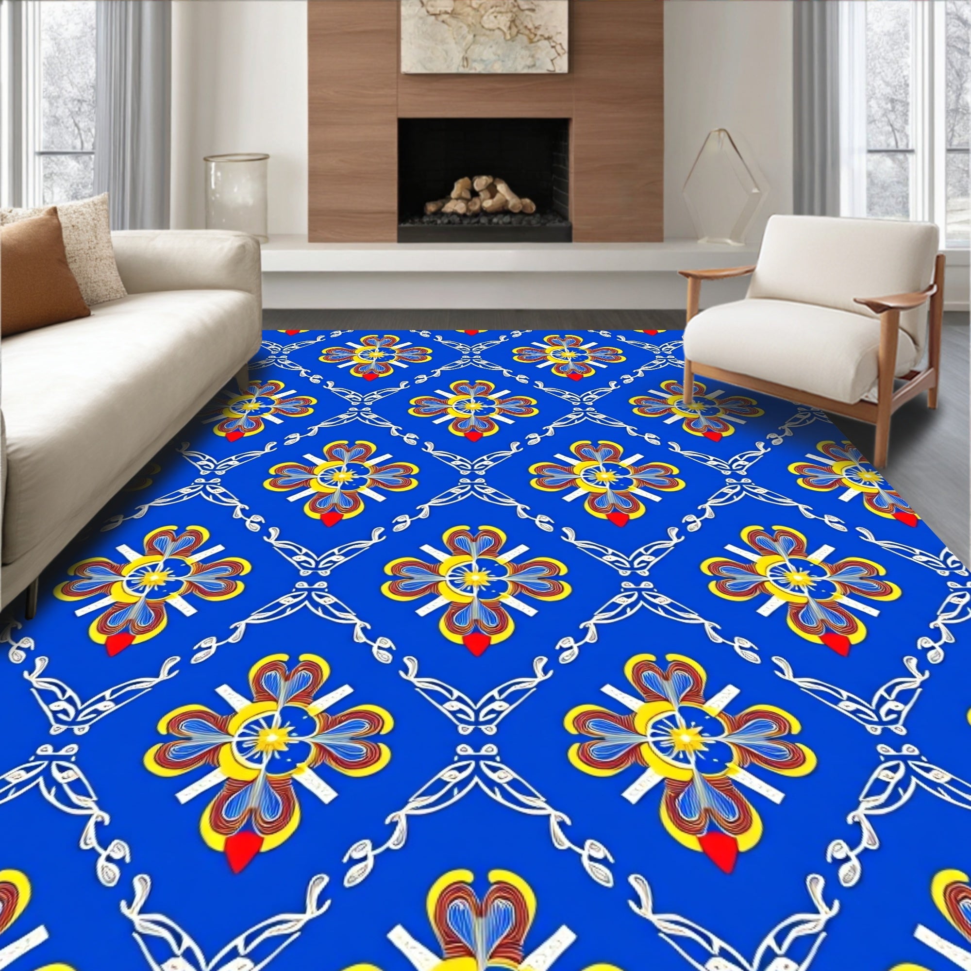 Grand Blue Floral Lattice Rug