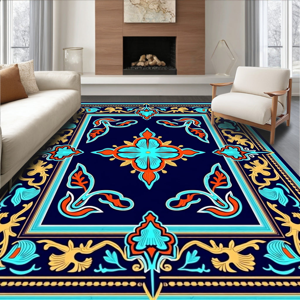 Ornate Floral Medallion Navy Pattern Rug