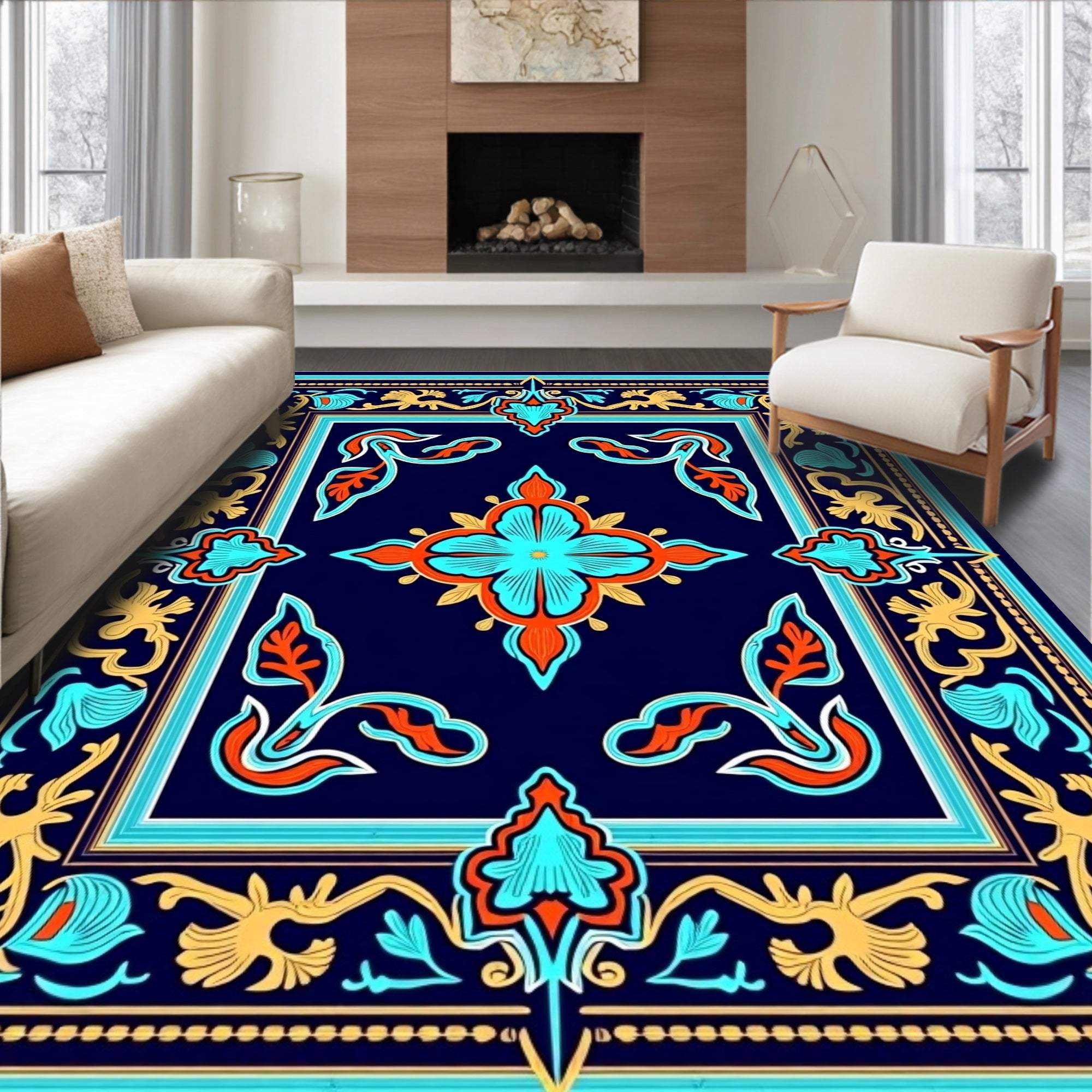 Ornate Floral Medallion Navy Pattern Rug