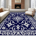 Navy White Intricate Floral Pattern Rug