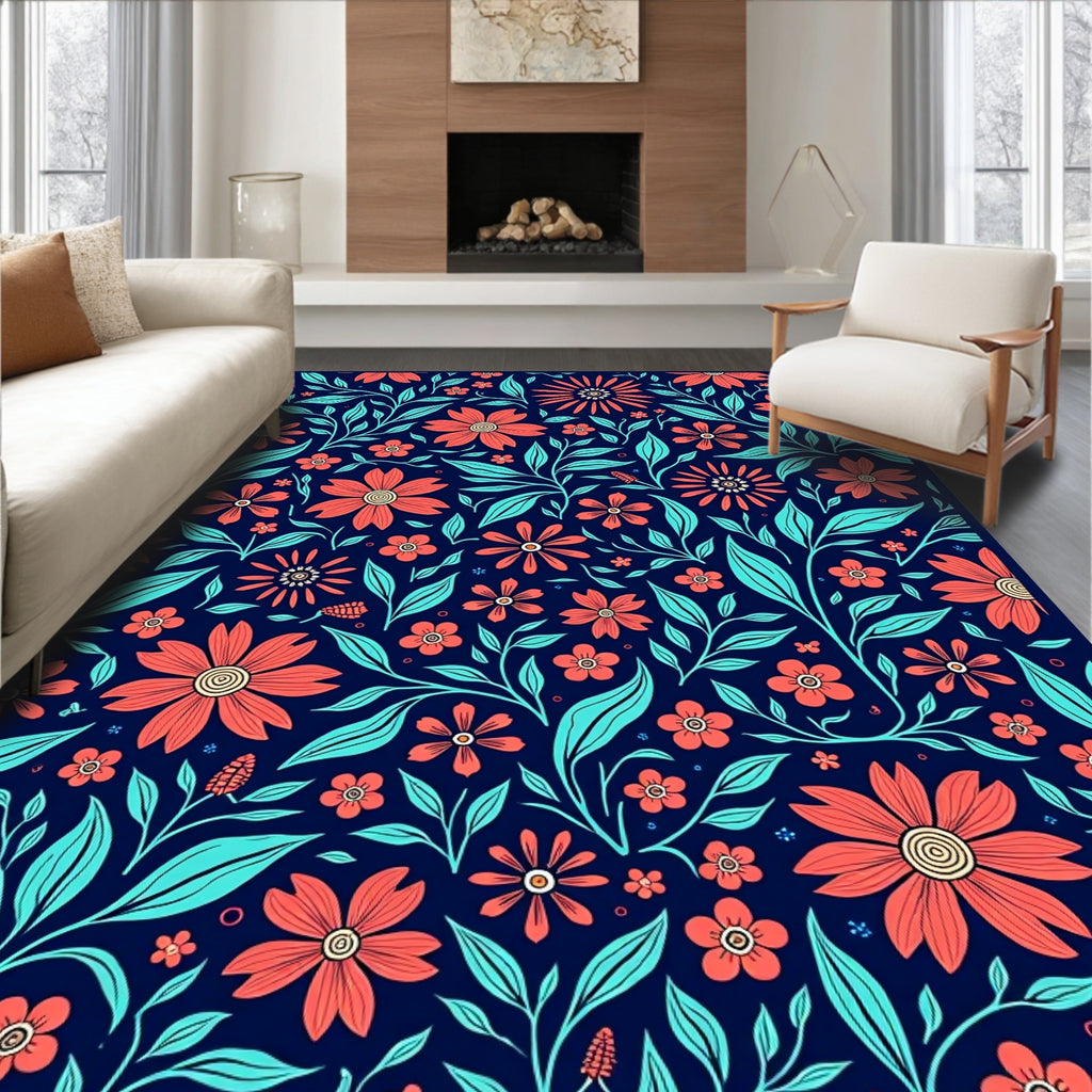 Coral Teal Floral Vine Pattern Rug
