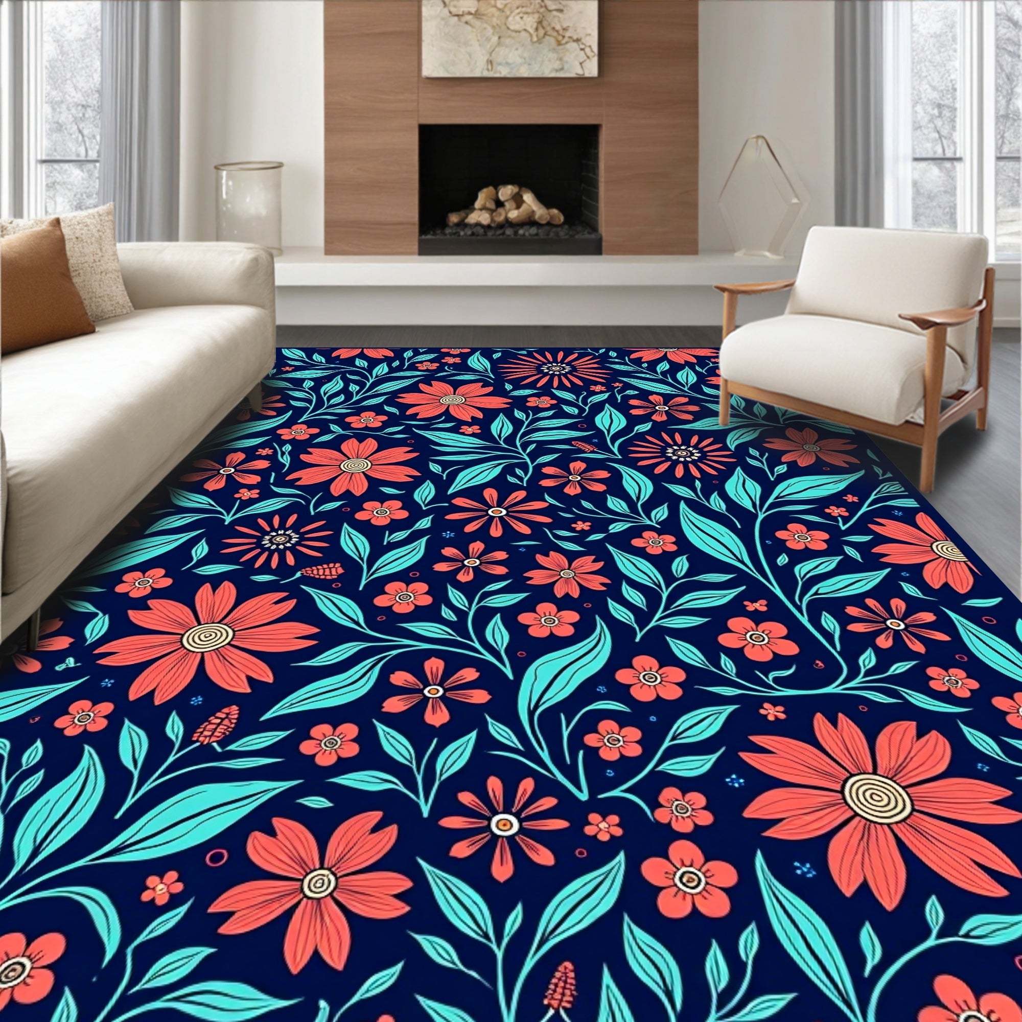 Coral Teal Floral Vine Pattern Rug