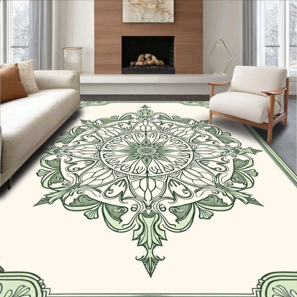 Ornate Green Leaf Mandala Pattern Rug