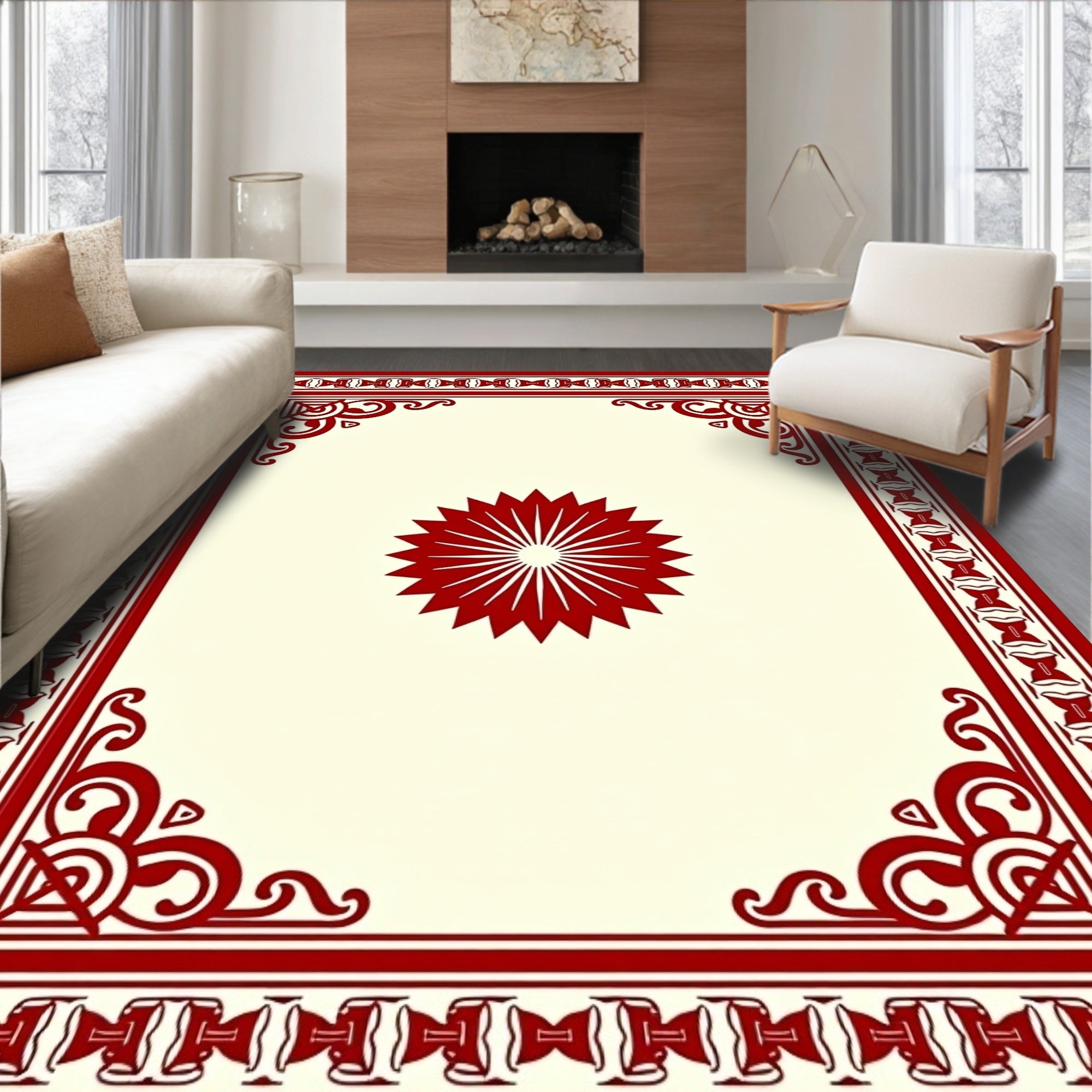 Crimson Starburst Scrollwork Frame Design Rug