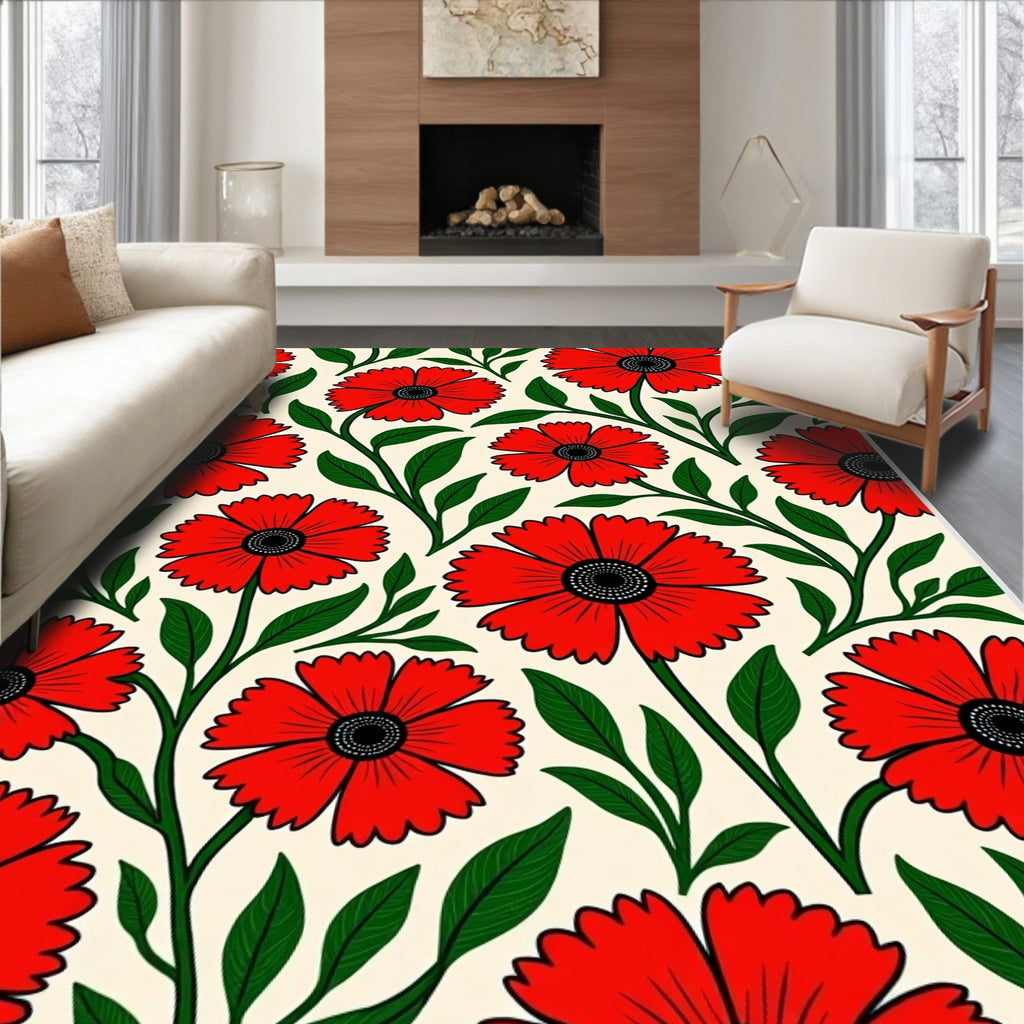 Bold Red Floral Vine Pattern Rug
