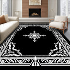 Elegant Black White Floral Scroll Frame Rug