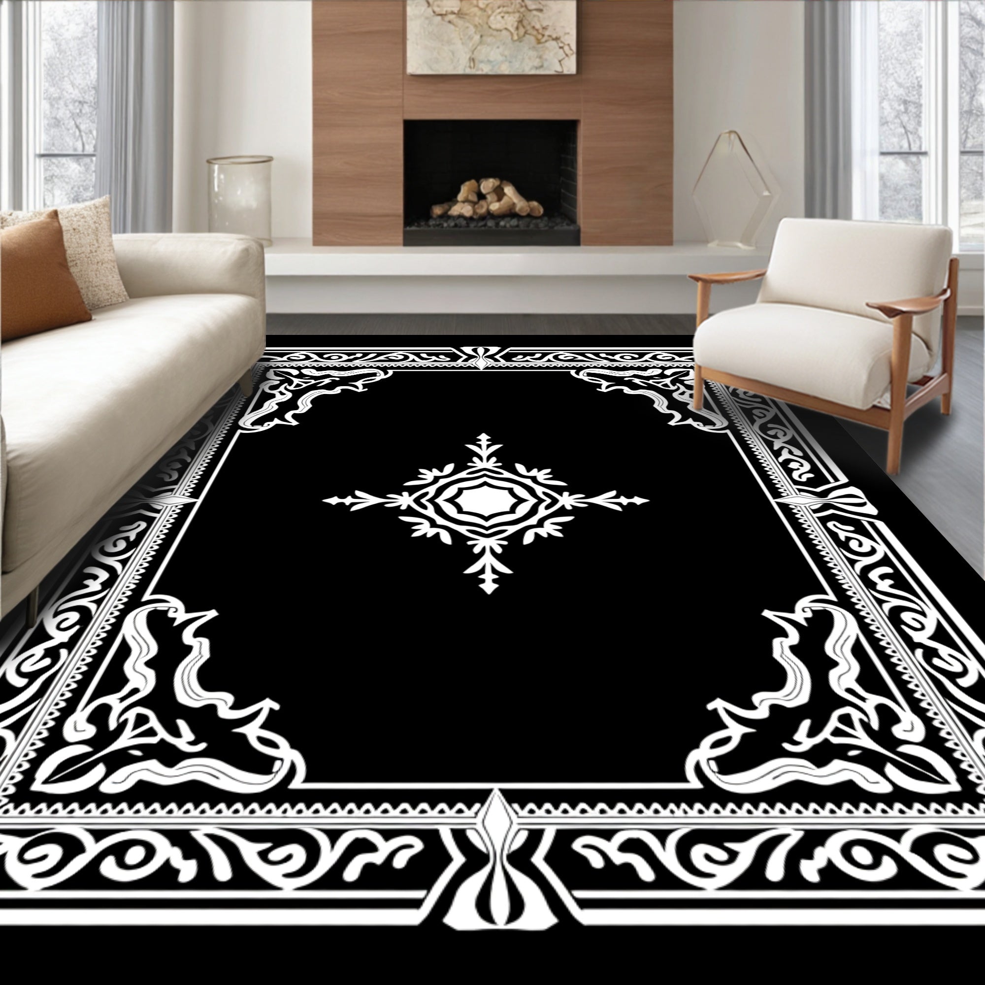 Elegant Black White Floral Scroll Frame Rug
