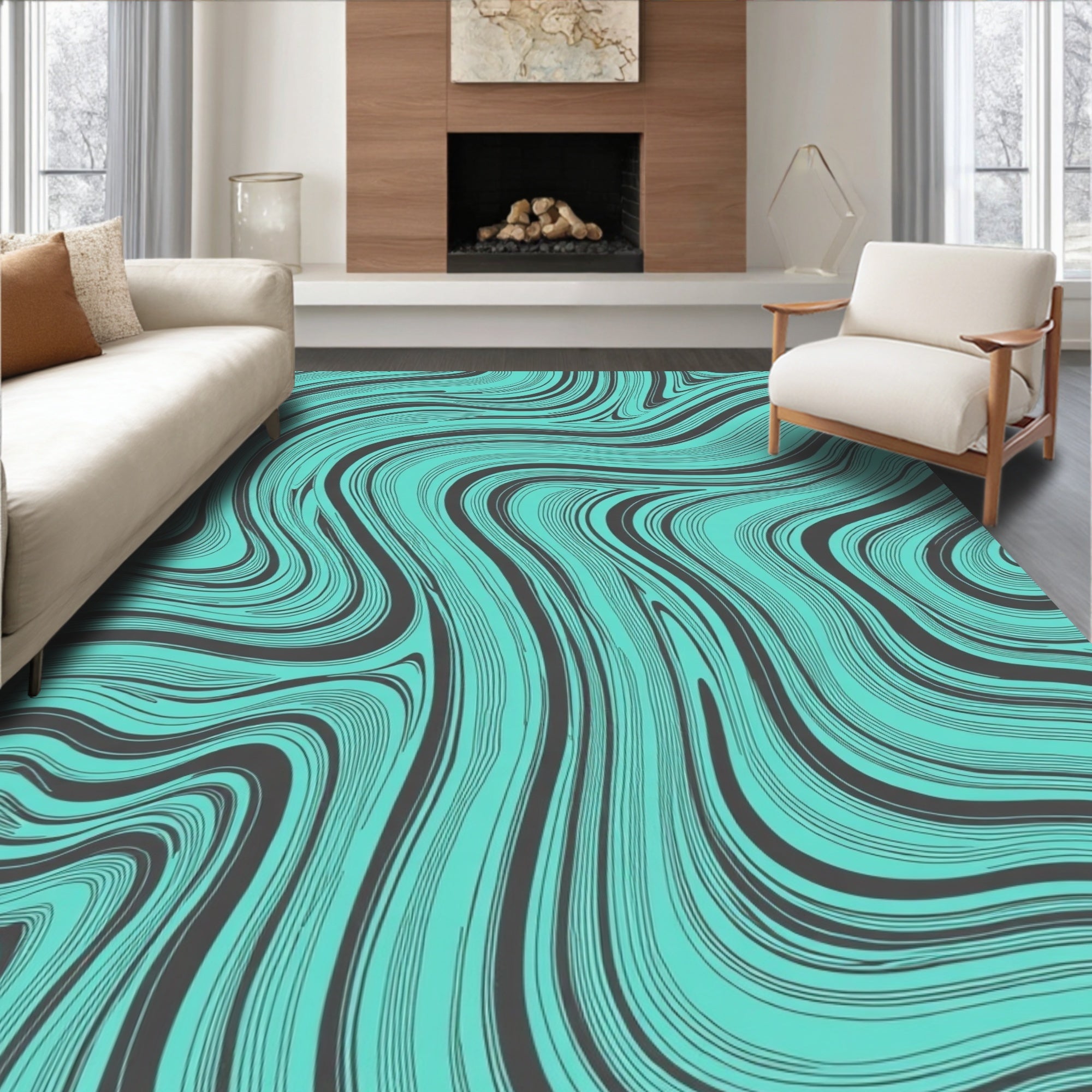 Aqua And Charcoal Swirl Pattern Rug
