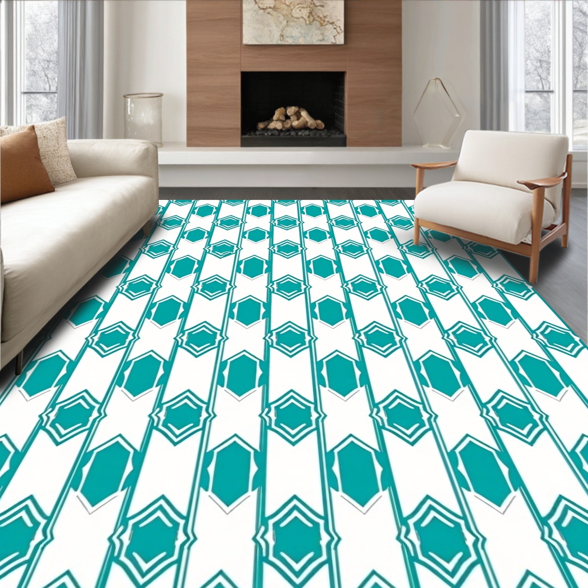 Geometric Teal And White Repeating Pattern Rug