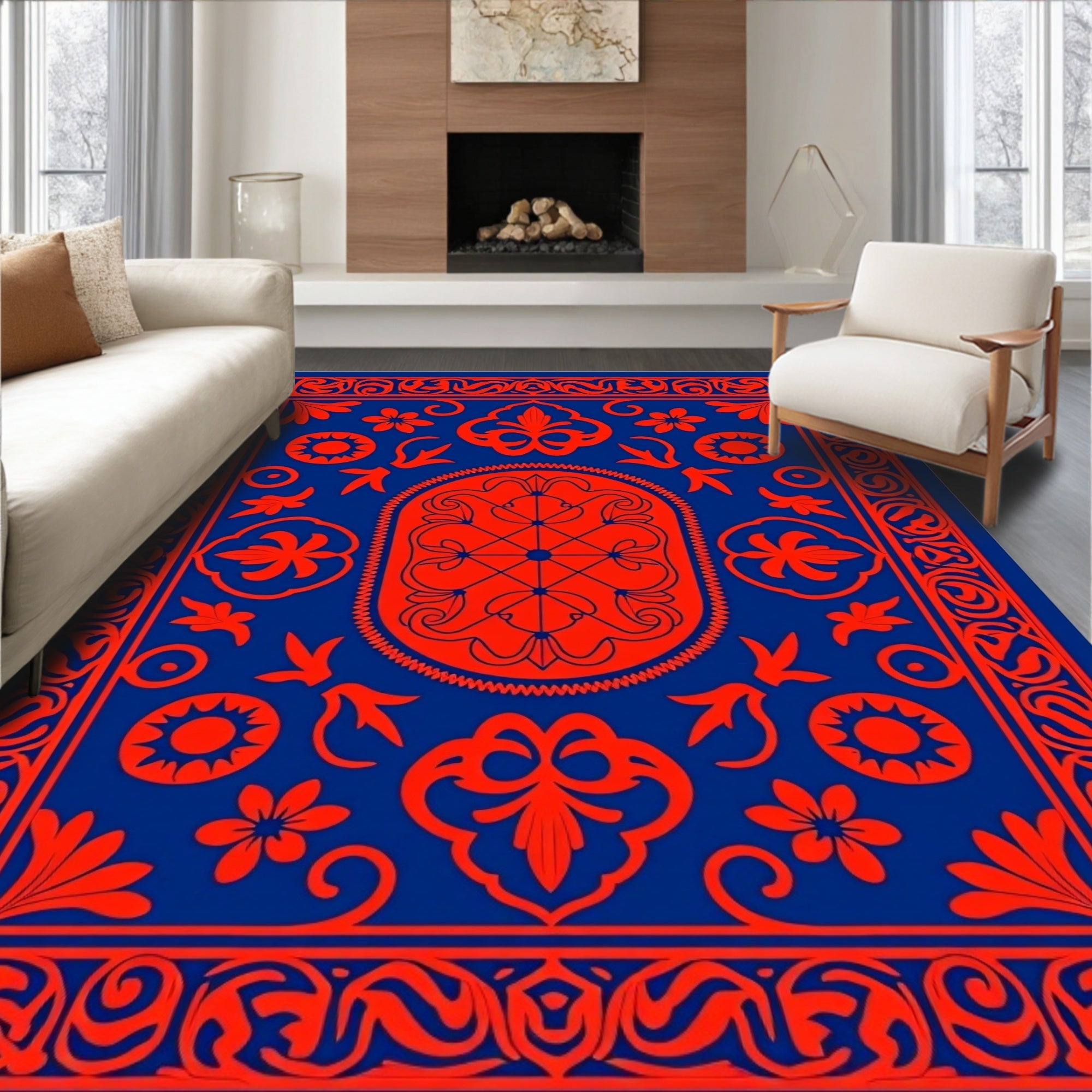 Ornate Floral Red and Blue Rug